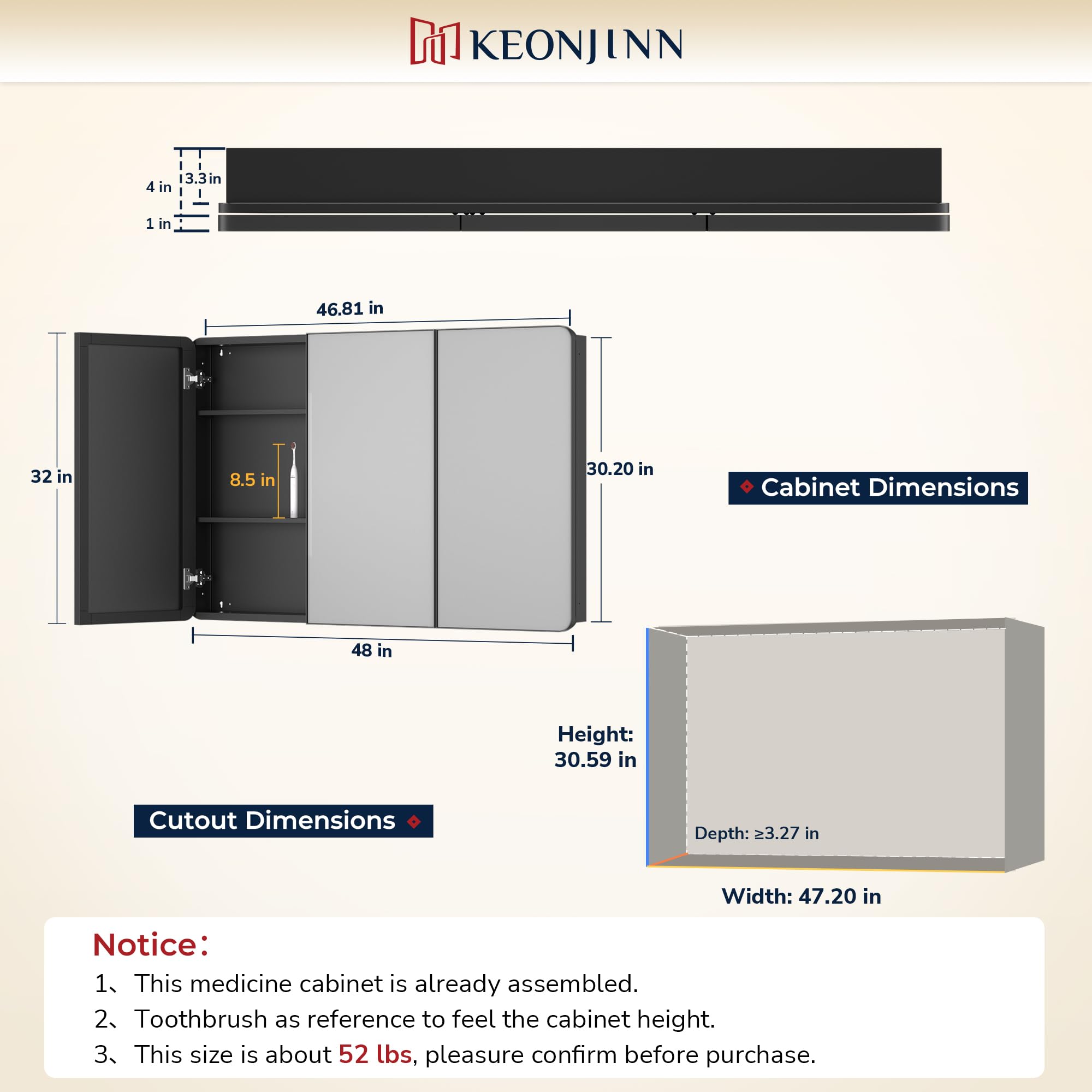 Keonjinn 15 x 36 Inch Black Slim Medicine Cabinets, Narrow Bathroom Side Medicine Cabinet with Mirror, Stainless Steel Framed, Adjustable Shelves, Recessed or Wall Mount, Modern Farmhouse
