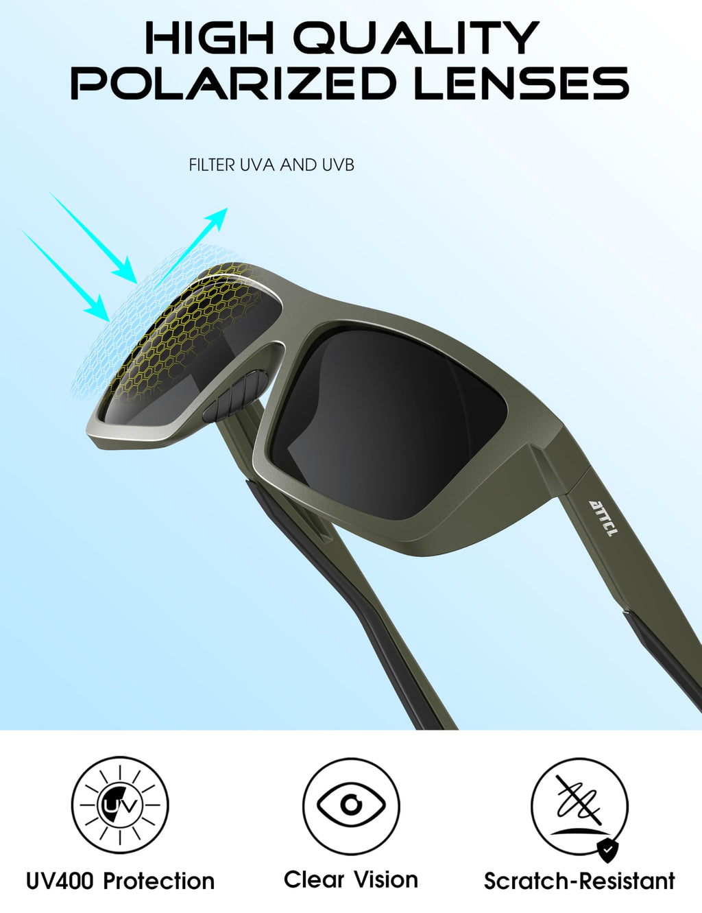 ATTCL Sports Polarized Sunglasses for Men: Secure Anti-Slip Lightweight TR90 Square Frame UV Protection for Driving Fishing