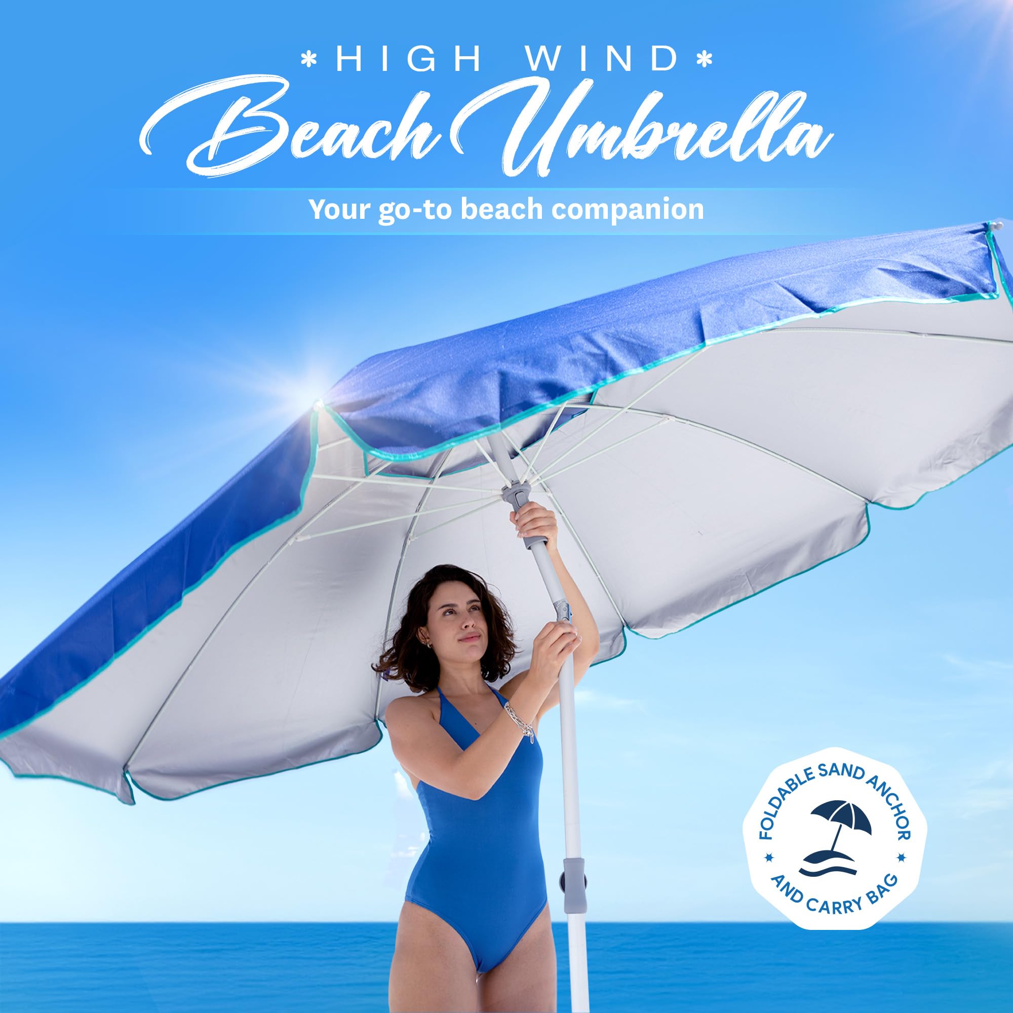 AMMSUN 7ft Heavy Duty High Wind Beach Umbrella with sand anchor, Built-in Table Tray Vent Tilt Pole, UPF 50+ Windproof Portable Outdoor Umbrellas Carry Bag for Patio Garden Pool Backyard stripe