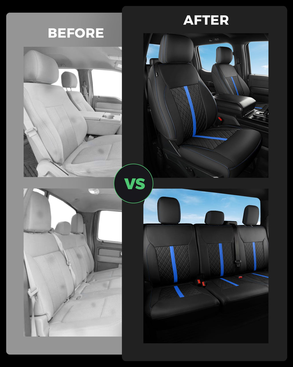 for Ford F150 Leather Seat Covers, Super Crew Cab XL XLT 2015-2020, F250 F350 F450 Super Duty Crew Cab 2017-2022,Custom Truck Seat Cover Full Set, Pickup Accessories, Black (Bucket Seat)