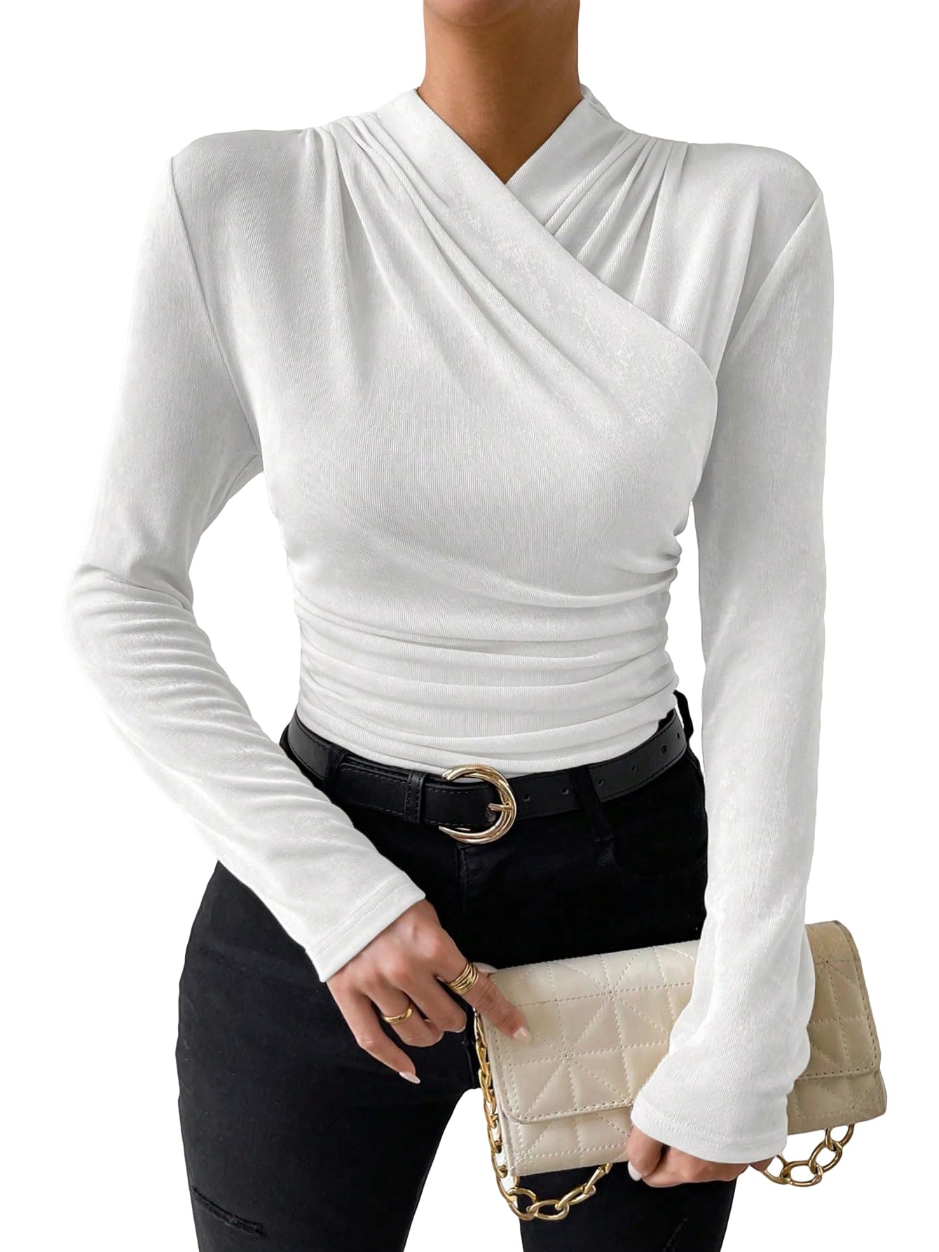 SweatyRocks Women's Ruched Mock Neck Long Sleeve T Shirt Solid Slim Fitted Tee Tops