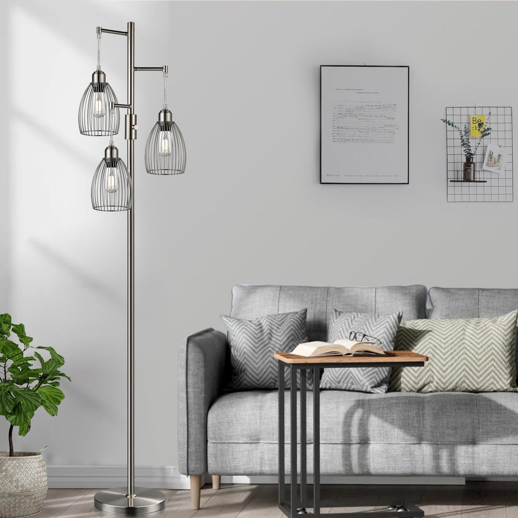 Dimmable Floor Lamp, 3 x 800LM LED Edison Bulbs Included, Farmhouse Industrial Floor Lamp Standing Tree Lamp with Elegant Teardrop Cage Tall Lamps for Living Room Bedroom Office Dining Room-Brass