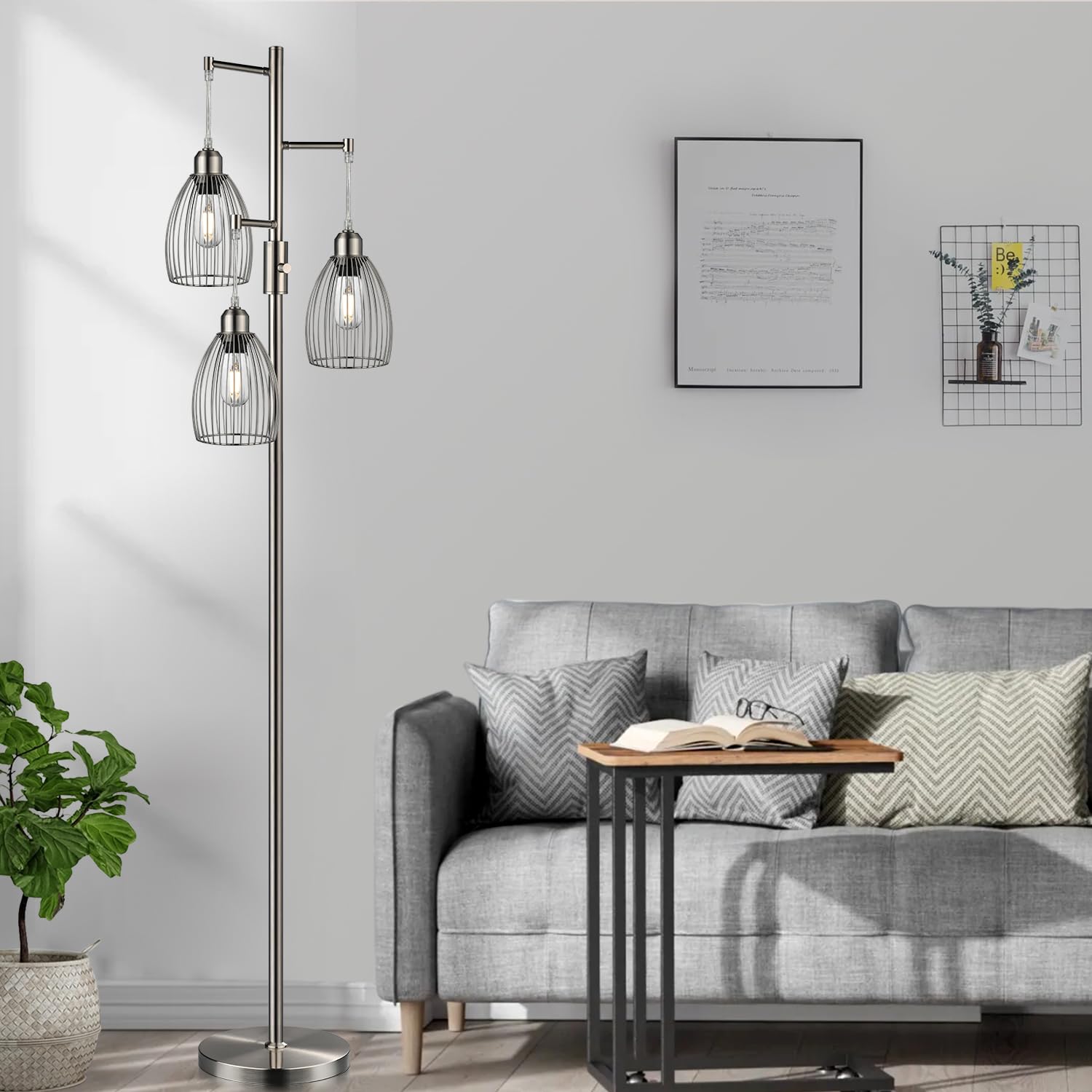 Dimmable Floor Lamp, 3 x 800LM LED Edison Bulbs Included, Farmhouse Industrial Floor Lamp Standing Tree Lamp with Elegant Teardrop Cage Tall Lamps for Living Room Bedroom Office Dining Room-Brass