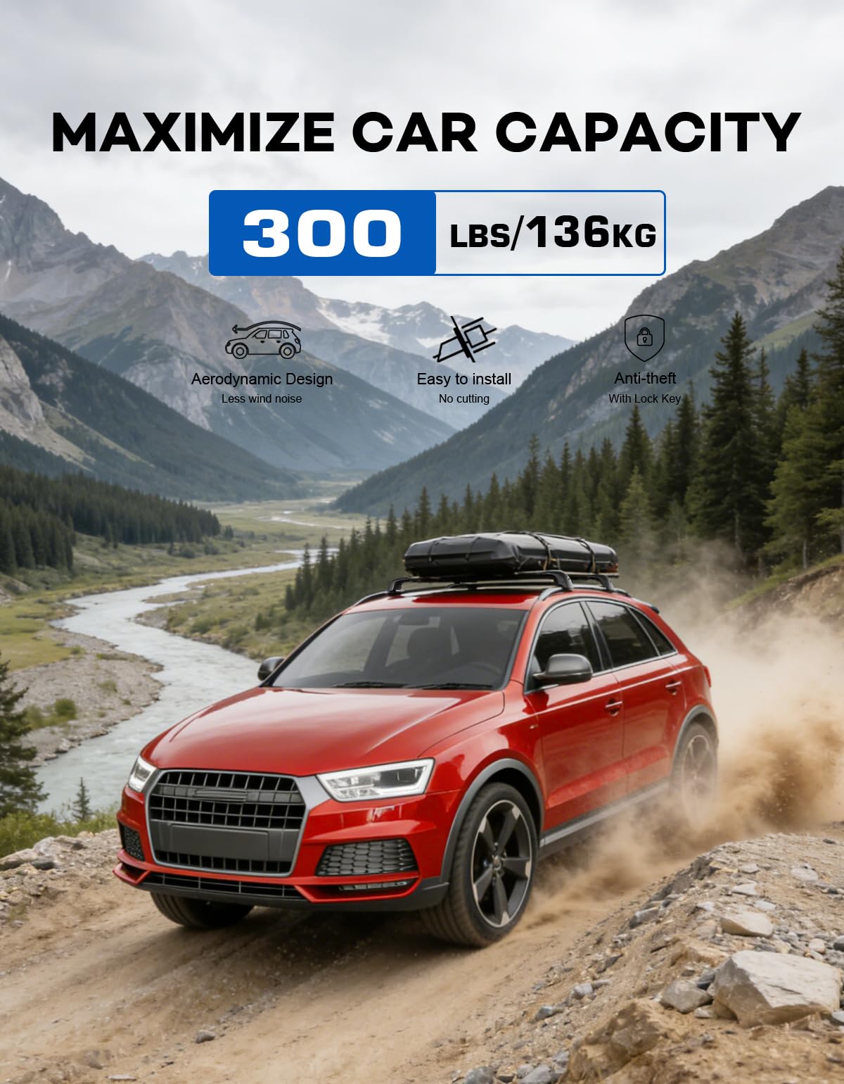 Wonderdriver 300lbs Roof Rack Cross Bars Compatible with Audi Q3 2012-2018, Heavy Duty Aluminum Lockable Roof Rails Crossbars Black Rooftop Cargo Carrier Luggage