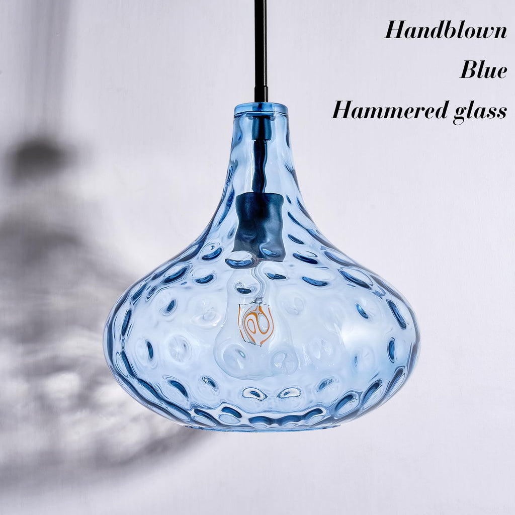 Glass Large Pendant Lights for Kitchen Island Blown Glass Pendant Light Clear Hammered Shade Hanging Ceiling Lights with Black Finish for for Kitchen Island, Sink, Hallway, Living Room 11 inch