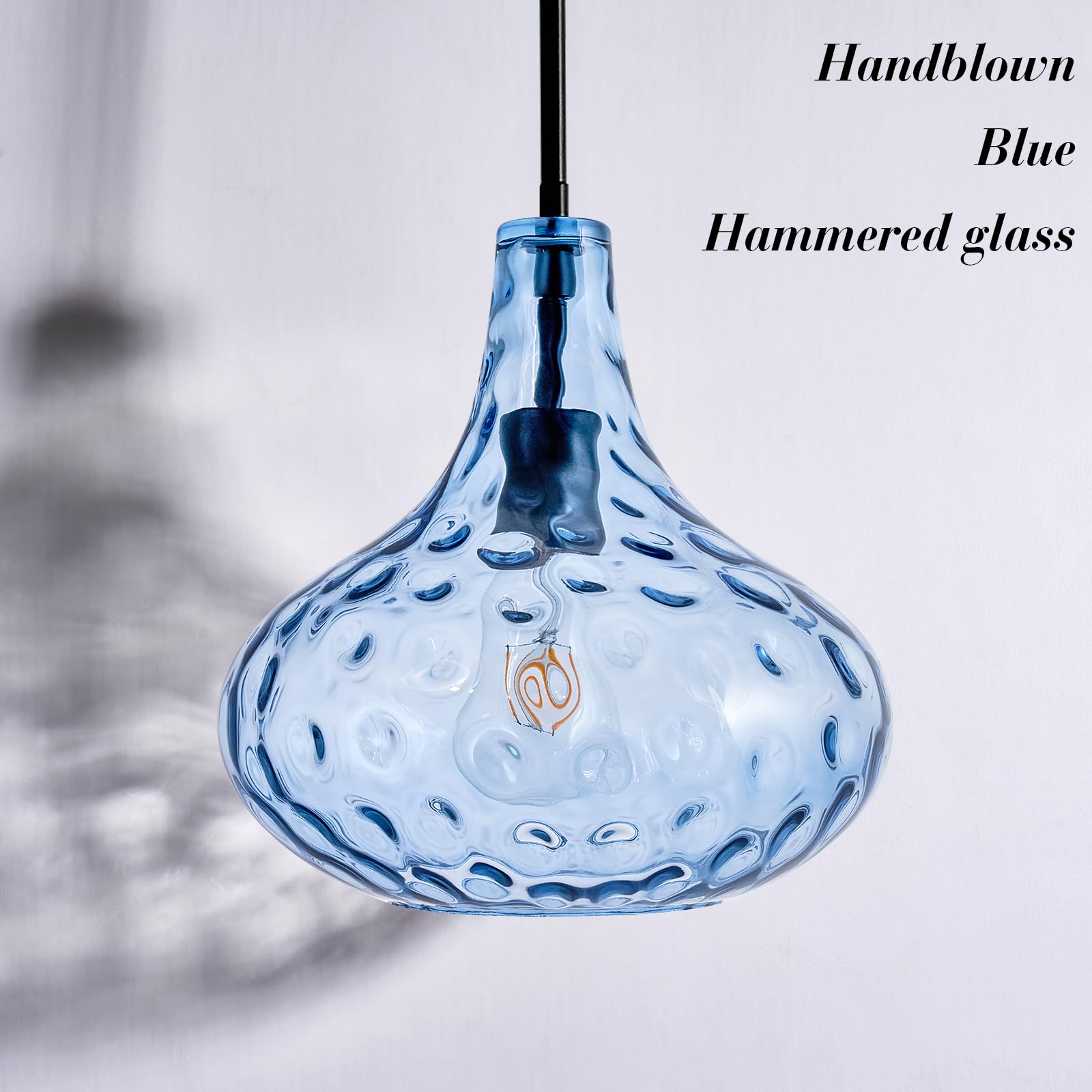 Glass Large Pendant Lights for Kitchen Island Blown Glass Pendant Light Clear Hammered Shade Hanging Ceiling Lights with Black Finish for for Kitchen Island, Sink, Hallway, Living Room 11 inch