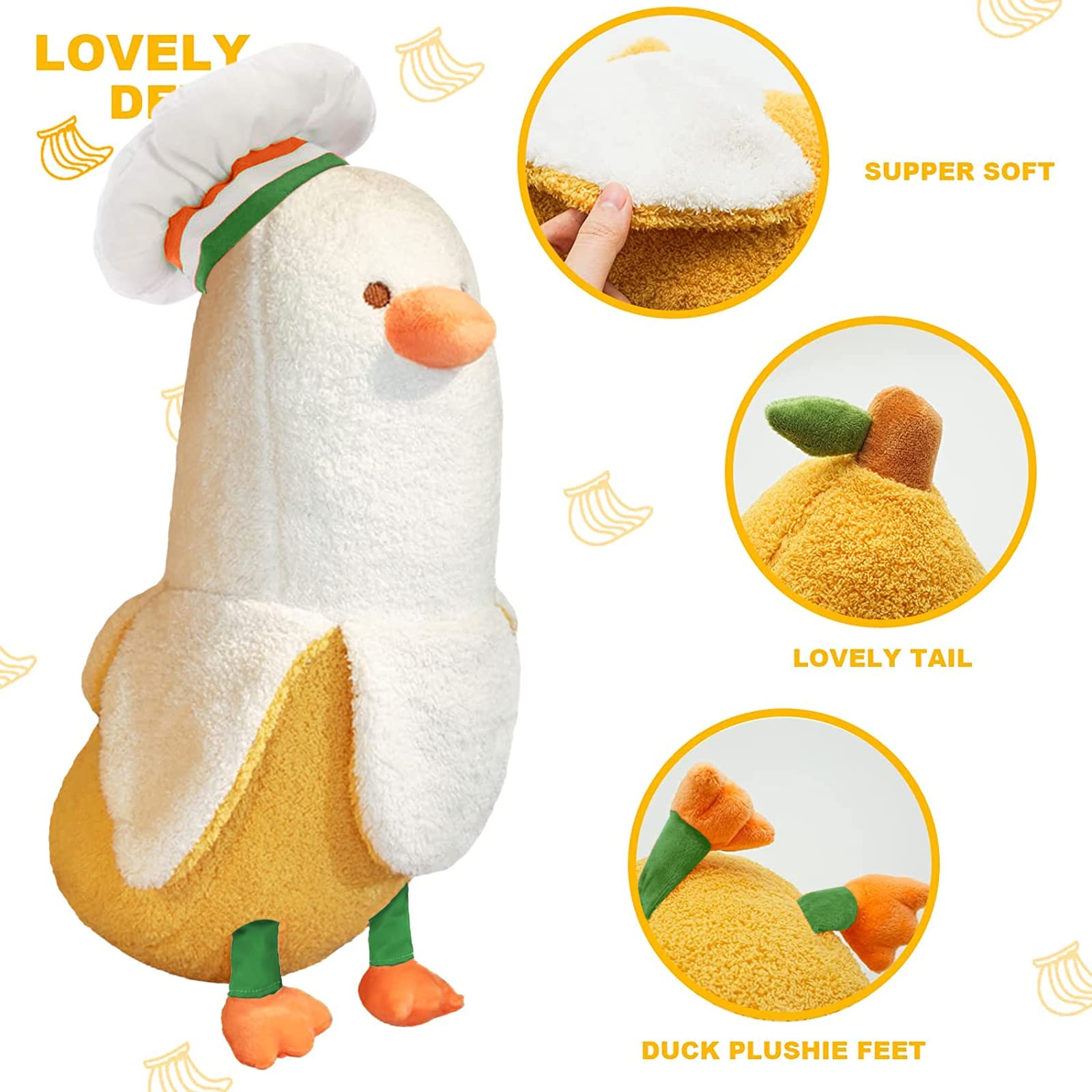 PEACH CAT Cute Banana Duck Stuffed Animal Long Banana Chef Duck Plush Pillow for Girls and Boys White 12"