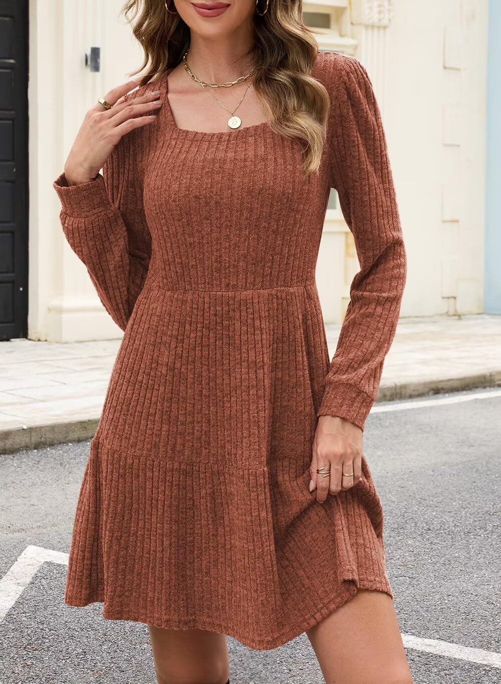 QACOHU Falll Dresses for Women 2026 Crew Neck Long Lantern Sleeve Casual Loose Flowy Swing Shift Dress