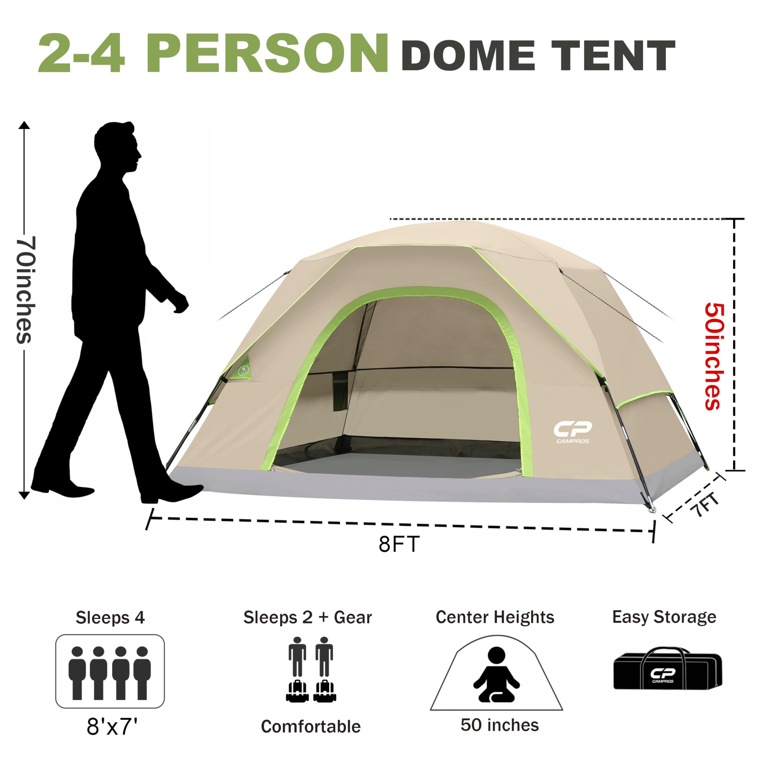 CAMPROS CP Camping Tent 2/4/6 Person, Waterproof Windproof Double Layer Dome Tent, Easy Setup with Large Mesh Windows & Wide Door for Outdoor Camping Backyard