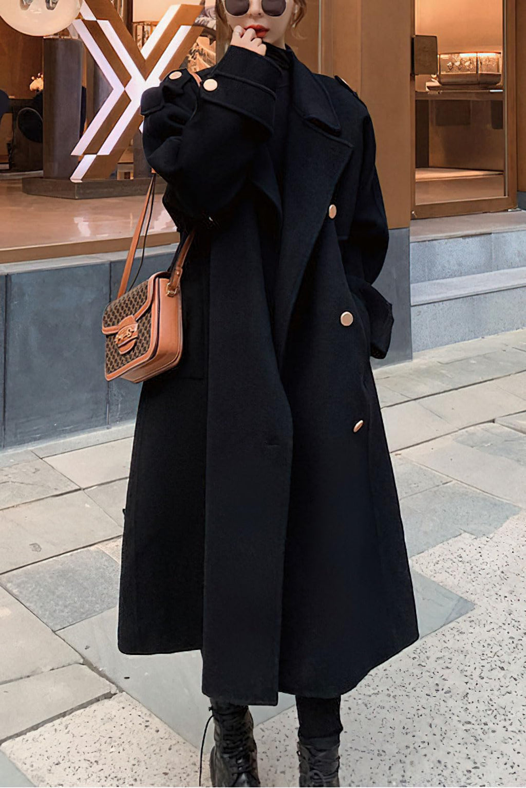 chouyatou Women's Winter Double Breasted Midi Long Wool Pea Coat Notch Lapel Winter Trench Coat