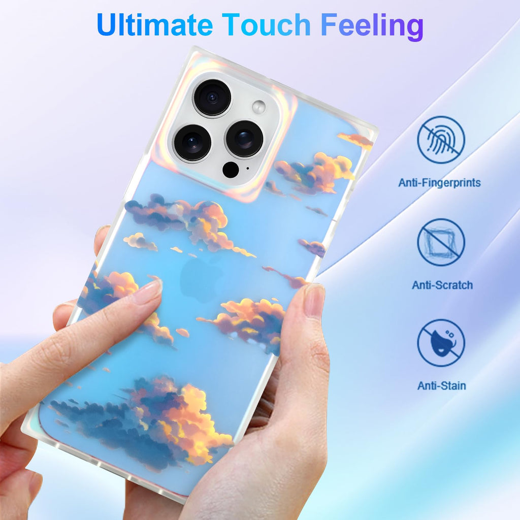 Cute Case for iPhone 13 Pro Case for Women Girls with Iridescent Cloud Pattern Design, Aesthetic Trendy Girly Matte Glitter Sparkly Rainbow Rectangle Protective Phone Cover, Sun Set Sky