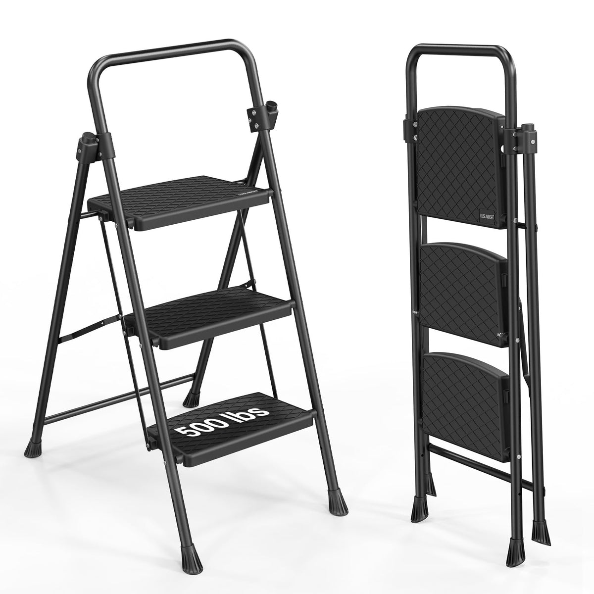 LUISLADDERS 3 Step Ladder with Handrails, Folding Step Stool with Widened Anti-Slip Pedal, 500lbs Lightweight Step Ladder 3 Step Folding, Multi-use for Home Kitchen Pantry Office, Black