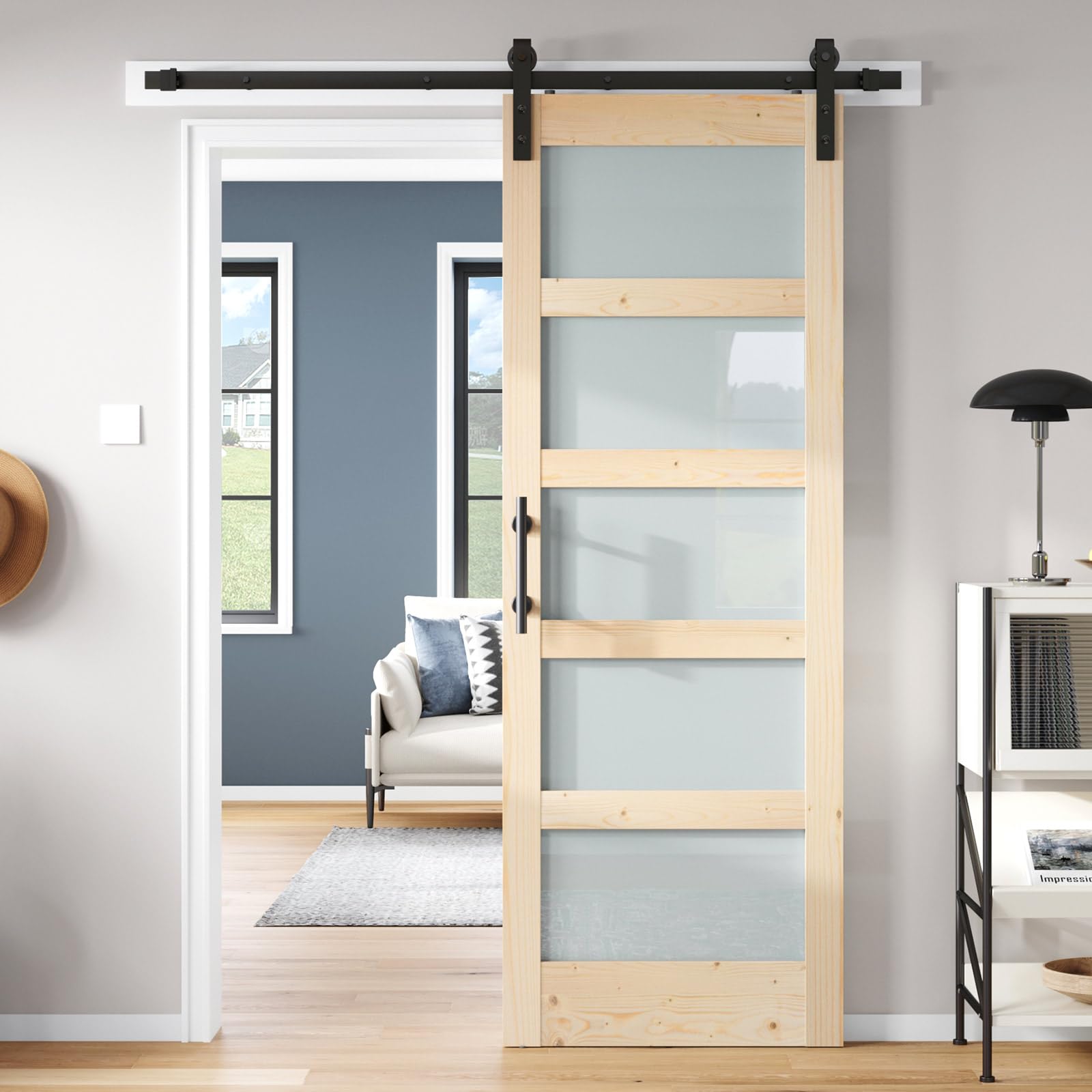 Double 18×84 inch Glass Sliding Barn Door Slab with 6.6ft Hardware Kit Included, 5-Panel Frosted Glass, Spruce Wood Support DIY Dyeing, Easy Assembly