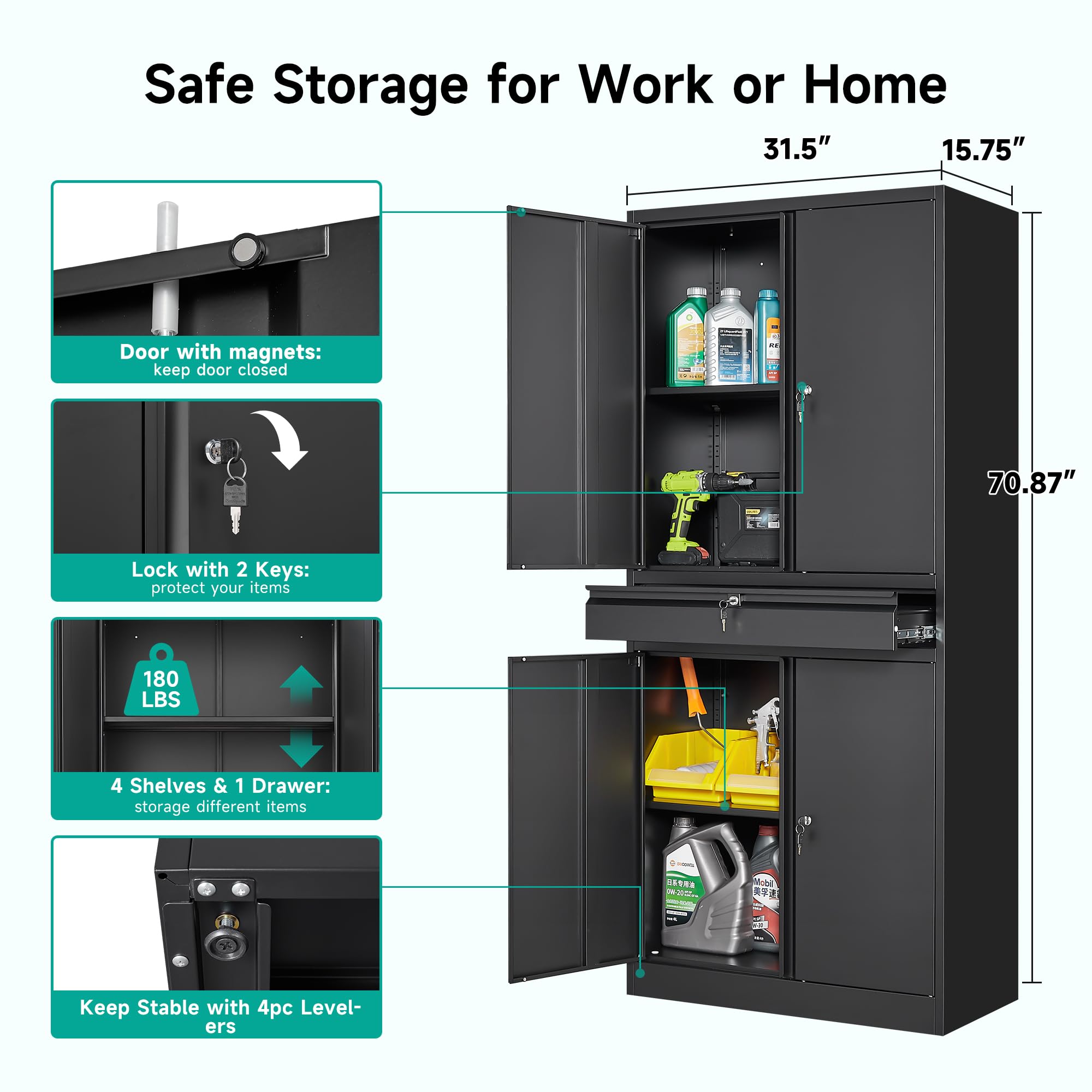 SISESOL Wide & Deep Metal Storage Cabinet with Wheels,Tall Rolling Garage Storage Cabinet with Lock,Black Metal Cabinets with Pegboards and Shelves,Tool Locker for Garage,Home,Office,43''Wx 20''Dx71"H