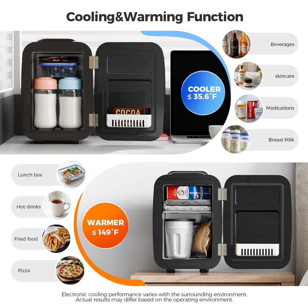 YASHE Mini Fridge, 4 Liter/6 Can Mini Makeup Fridge, 110V AC/ 12V DC Portable Thermoelectric Cooler&Warmer for Skincare, Drink, Cosmetic, Medicine, Small fridge for Bedroom, Office, Dorm, Car, Black