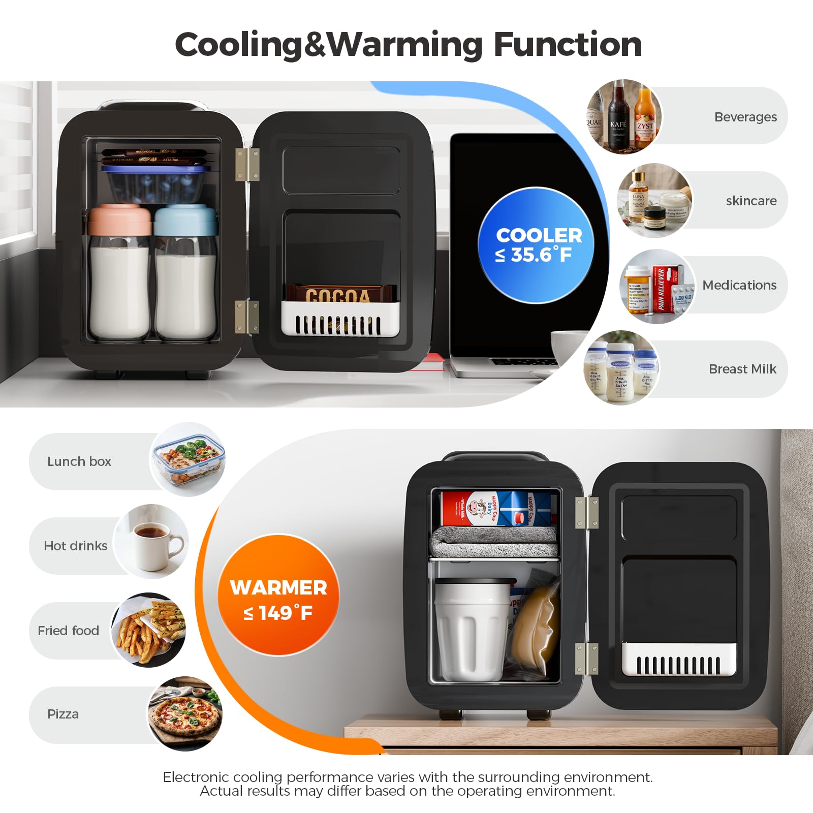 YASHE Mini Fridge, 4 Liter/6 Can Mini Makeup Fridge, 110V AC/ 12V DC Portable Thermoelectric Cooler&Warmer for Skincare, Drink, Cosmetic, Medicine, Small fridge for Bedroom, Office, Dorm, Car, Black