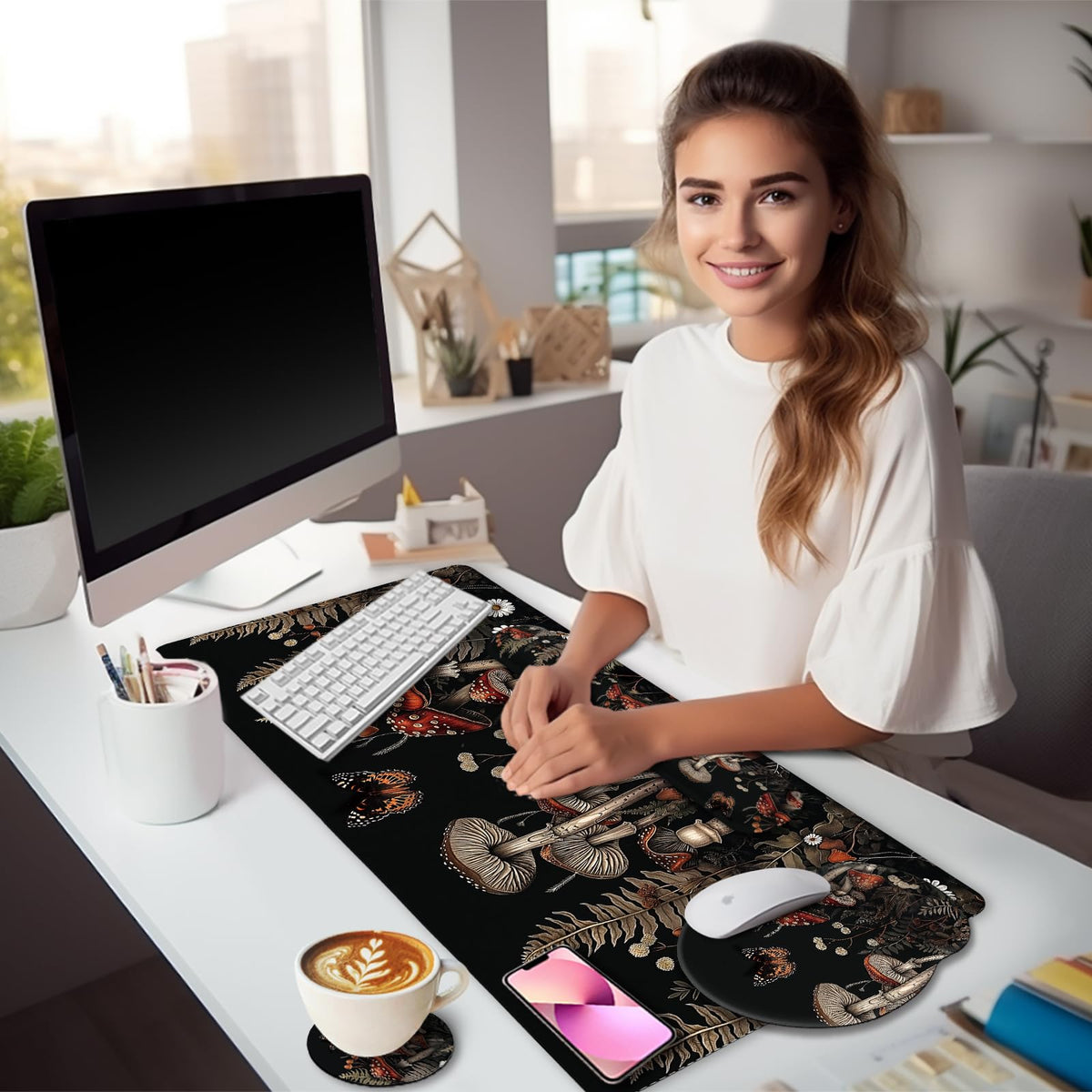 Black Striped Ergonomic Large Desk Mat Set with Wrist Rest