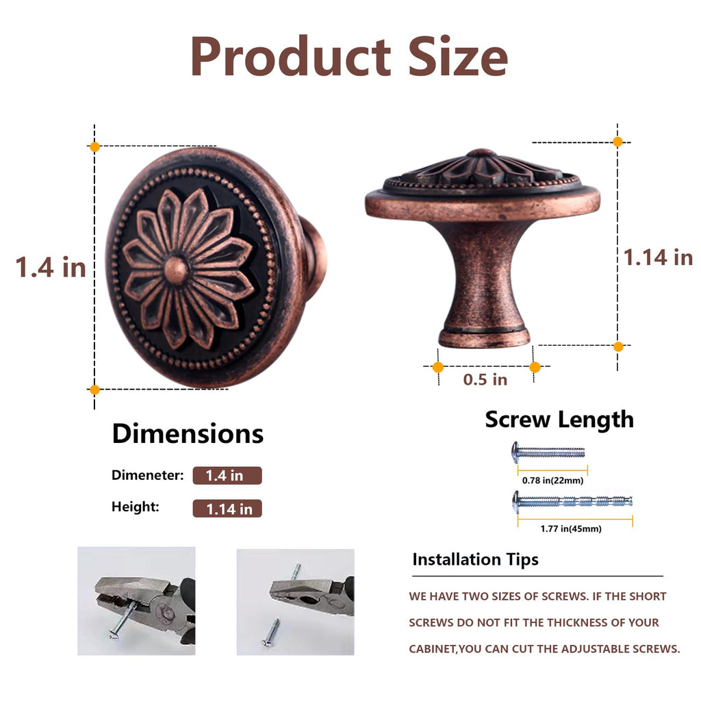 4 Pack Antique Brass Cabinet Knobs Vintage,1-2/5" Round Antique Kitchen Handles for Cabinets and Drawers Vintage Brass Dresser Drawer Knobs