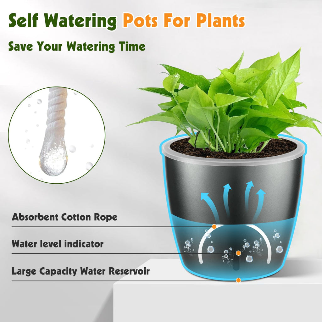 Self-Watering Pots for Indoor Plants, 16-Pack Self Watering Planter with Drainage Holes, Small African Violet Pots with Water Indicator, 10-Pack 5''/6-Pack 6.7'' Orchid Pot, Black