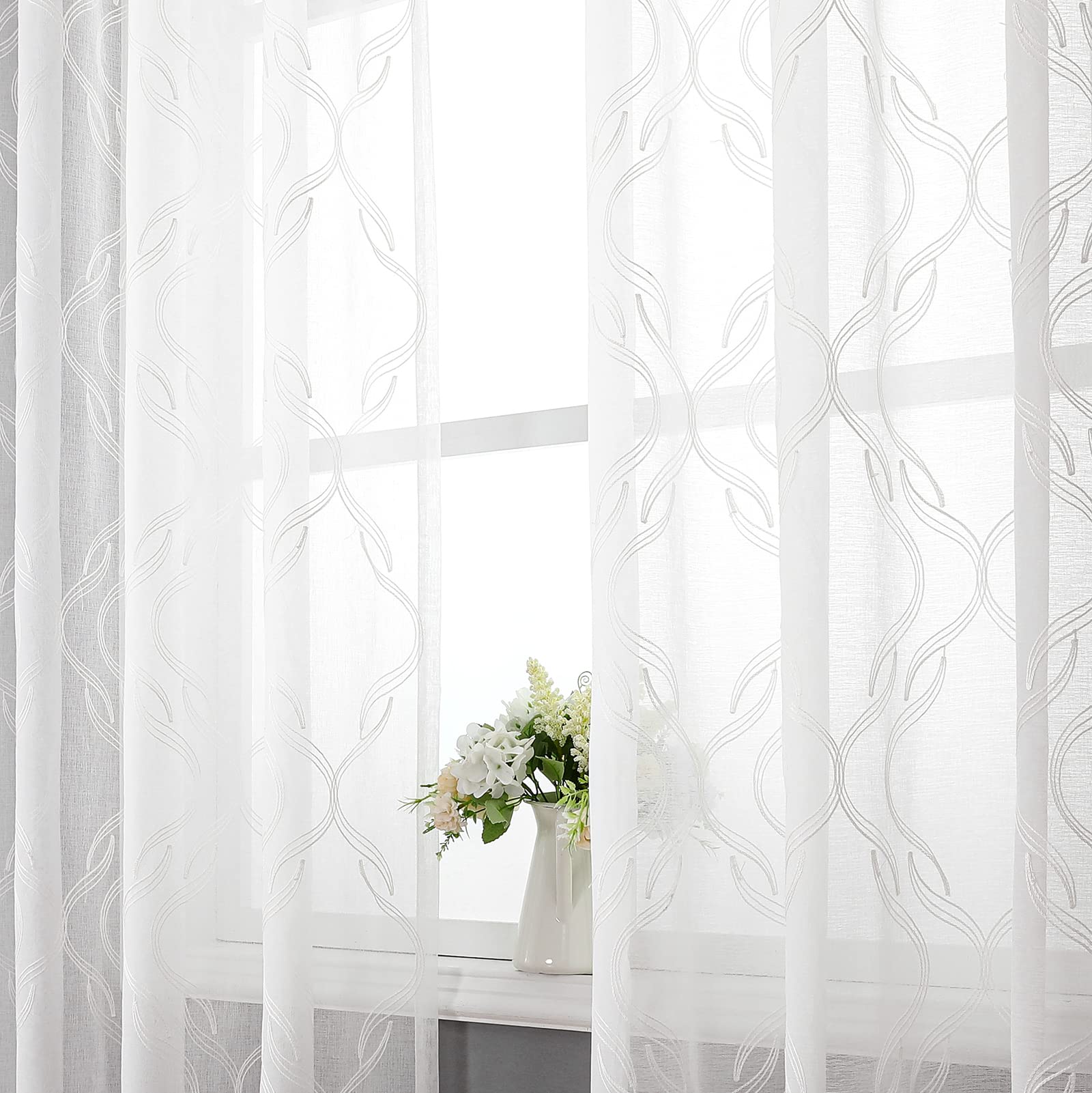 VISIONTEX Sheer Curtains 63 Inches Long 2 Panels Set, Beige and Ivory Moroccan Embroidery Texture Geometric Rod Pocket White Voile Tulle Semi Window Treatment Pair for Bedroom, W54 x L63