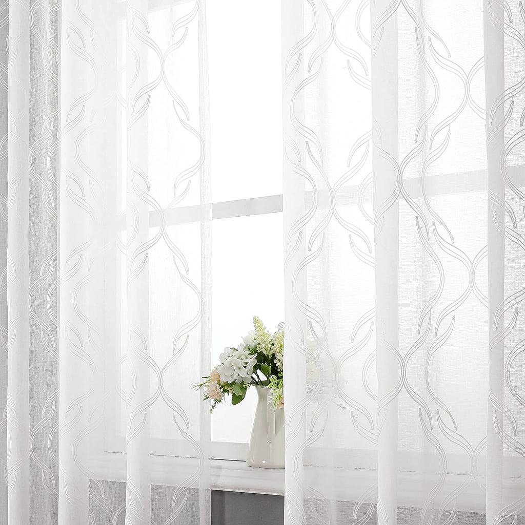 VISIONTEX Sheer Curtains 63 Inches Long 2 Panels Set, Beige and Ivory Moroccan Embroidery Texture Geometric Rod Pocket White Voile Tulle Semi Window Treatment Pair for Bedroom, W54 x L63
