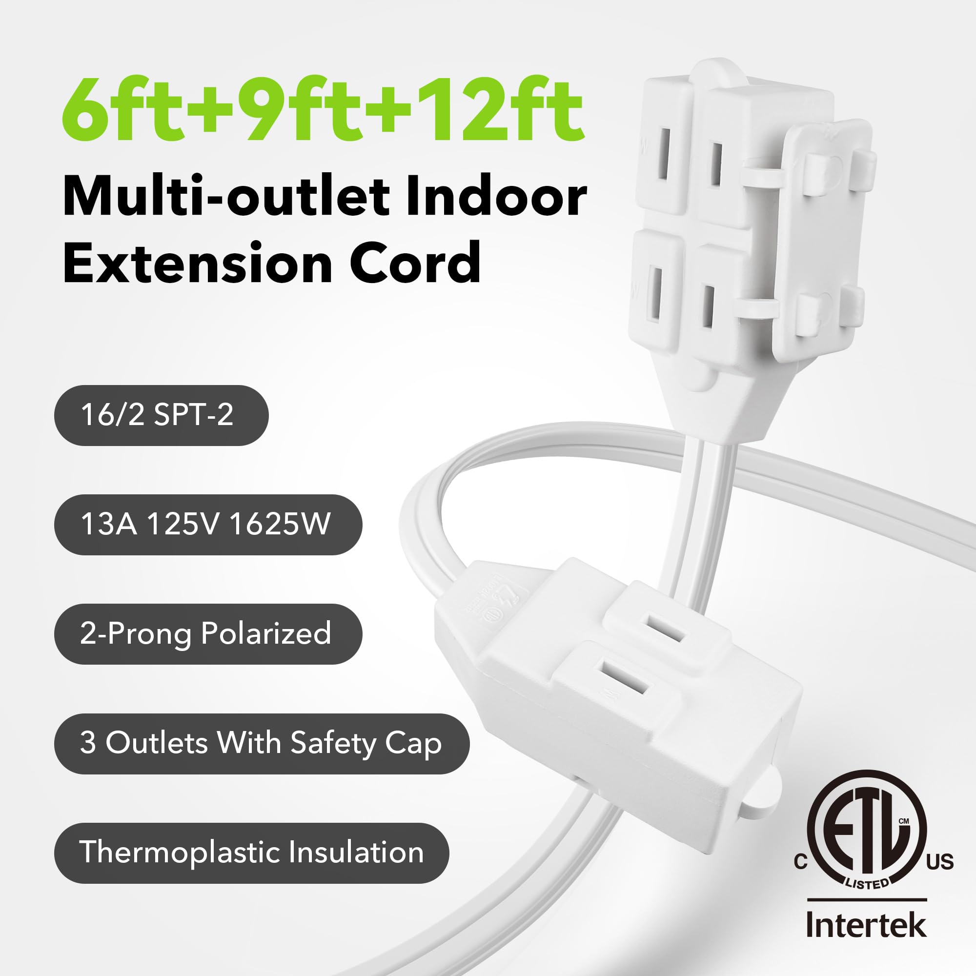 BN-LINK 6ft Indoor Extension Cord, 2 Pack, 3-Outlet Polarized Flat Cable, Household Power Cord for Home, Office, and Holiday Decorations, Black