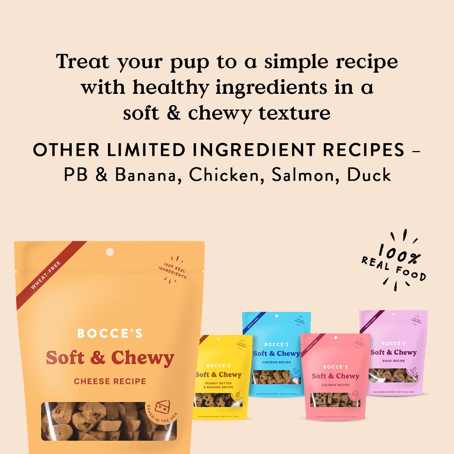 Bocce's Bakery Bac'n Nutty Soft & Chewy Dog Treats, Wheat-Free PB & Bacon Flavored All Natural Limited Ingredient Oven Baked Cookies for Dogs, 6 oz Bag