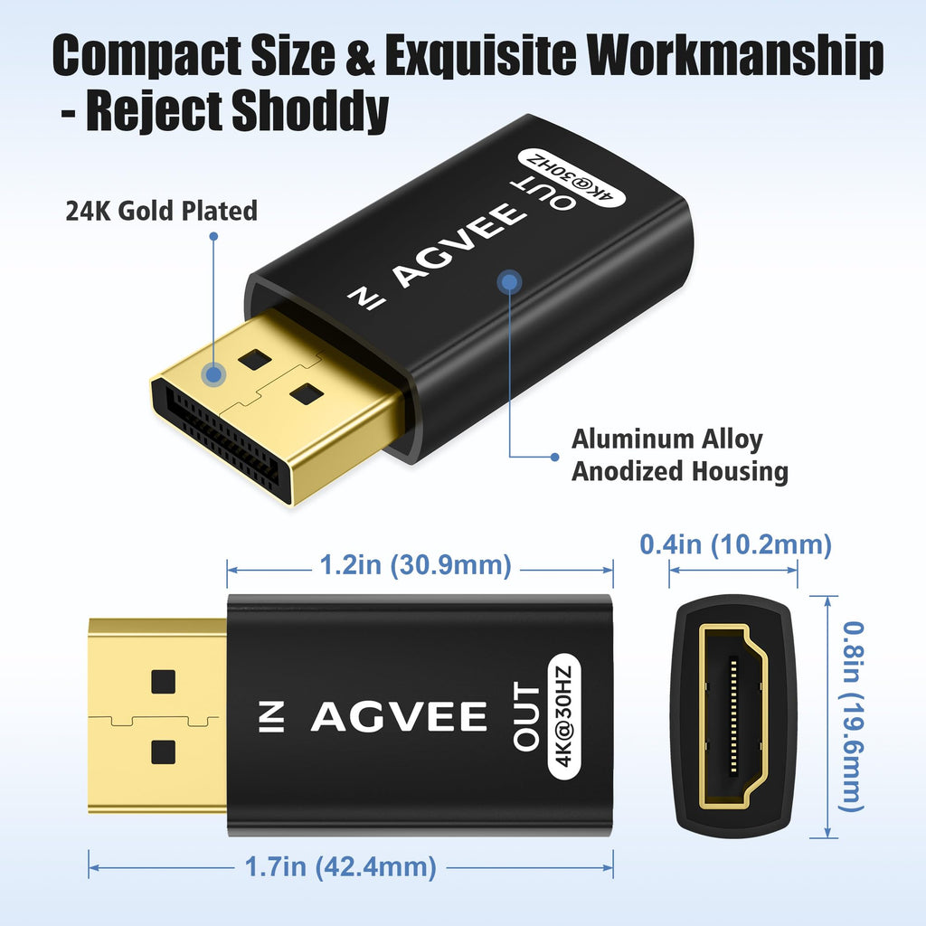 AGVEE 1 Pack Display Port to HDMI 4K@30HZ Adapter, Alloy Shell DP Displayport PC to HDMI Display Coulper Converter, Backward Compatibile with 2K@60HZ 1080P@120HZ Full HDTV, Uni-Directional, Black