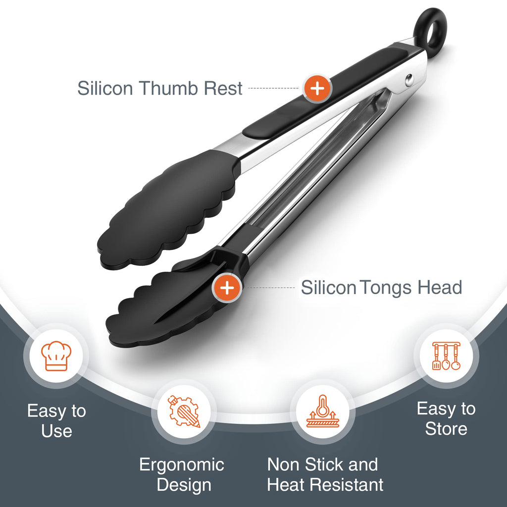 Tribal Cooking Kitchen Tongs with Silicone Tips - Stainless Steel tongs for cooking - 9" and 12" Tongs With Silicone Rubber Non Slip Grips, Heat Resistant Metal Tongs.