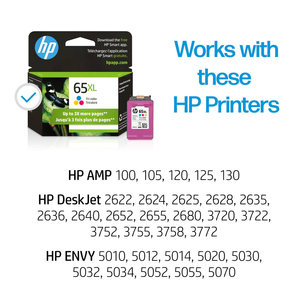 HP 65XL Tri-Color High-Yield Ink Cartridge | Works with AMP 100, DeskJet 2600, 3700; Envy 5000 | Eligible for Instant Ink | N9K03AN