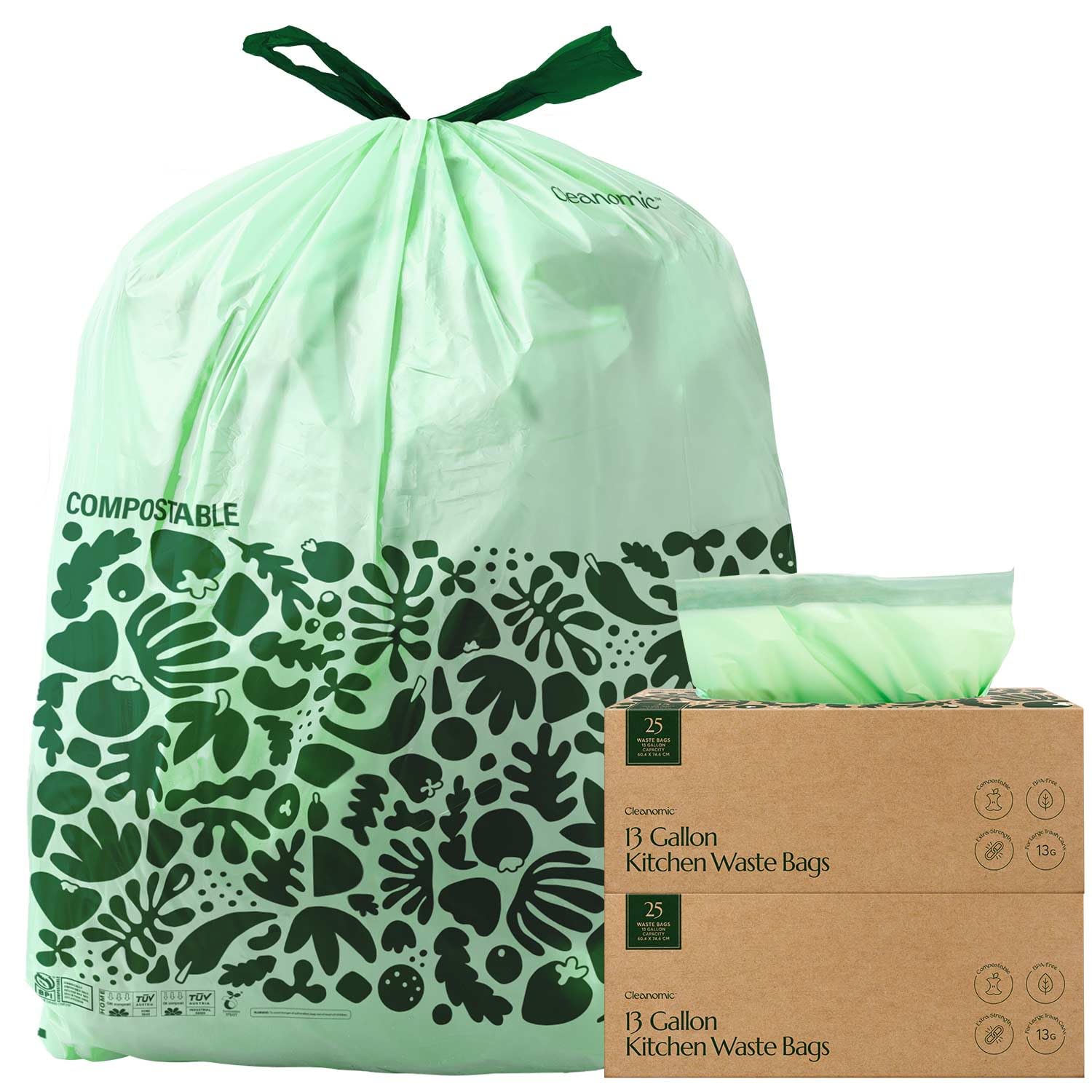 Cleanomic Compostable* Trash Bags with Drawstring (13 Gallon, 25 Units, Tall), BPI Certified For Kitchen Compost