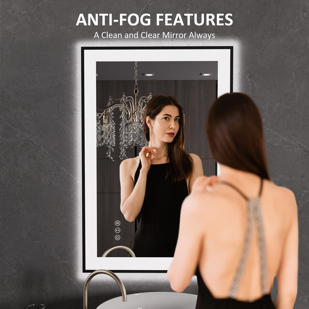 LOAAO 20"X28" LED Bathroom Mirror Black Framed | Anti-Fog, Dimmable, Memory Function, Tempered Glass, Lighted Vanity Mirror for Wall
