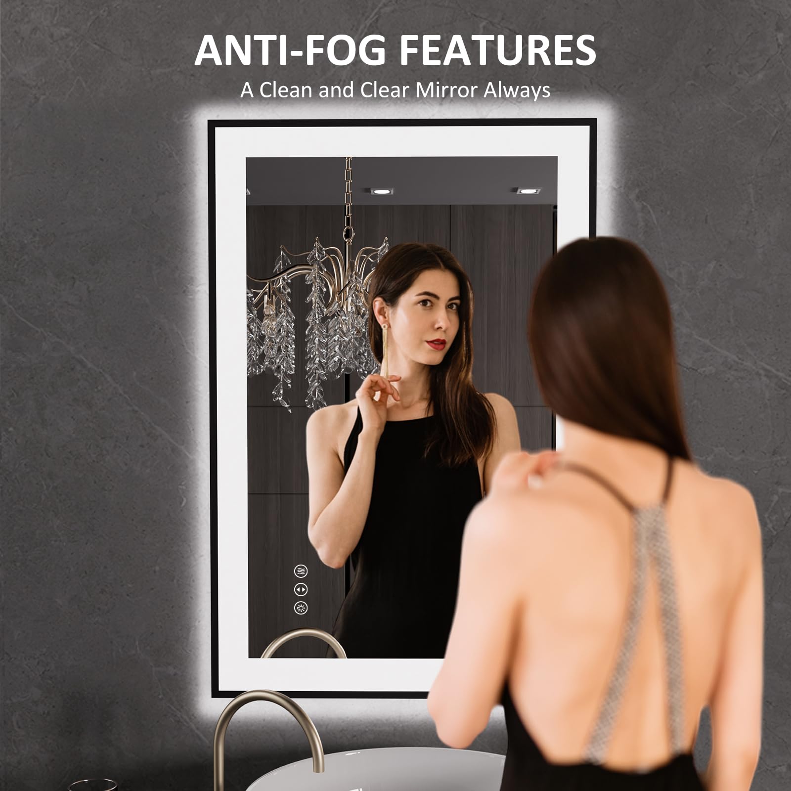 LOAAO 20"X28" LED Bathroom Mirror Black Framed | Anti-Fog, Dimmable, Memory Function, Tempered Glass, Lighted Vanity Mirror for Wall