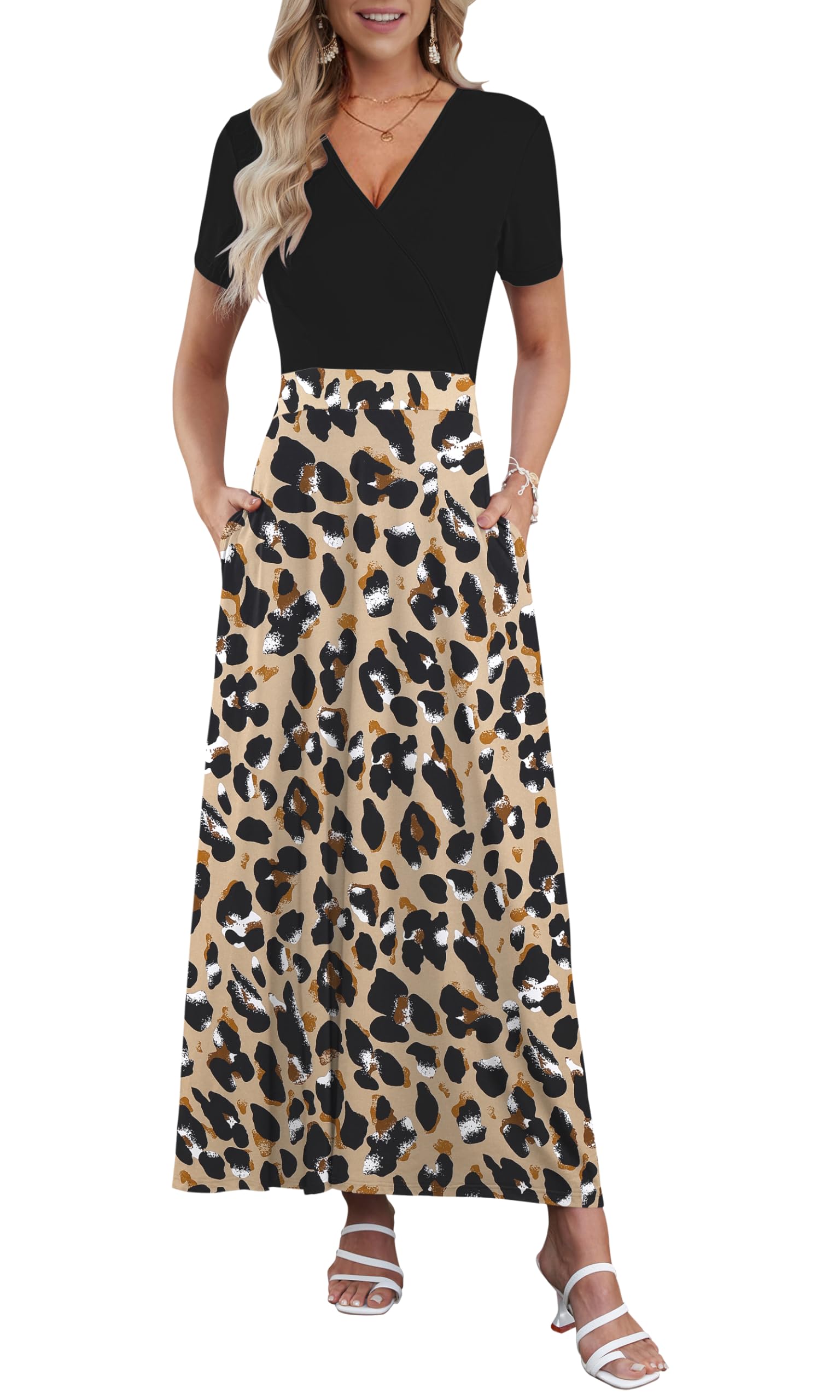 AUSELILY Maxi Dresses for Women Ankle Length Floral Print Beach Long Flowy Dress with Pockets