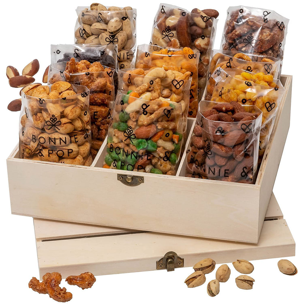 Nut Gift Basket, in Reusable Wooden Crate, Healthy Fathers Day Gift Option, Gourmet Snack Food Box, with Unique Flavors, Great for Feel Better, Sympathy & Birthday- Bonnie & Pop