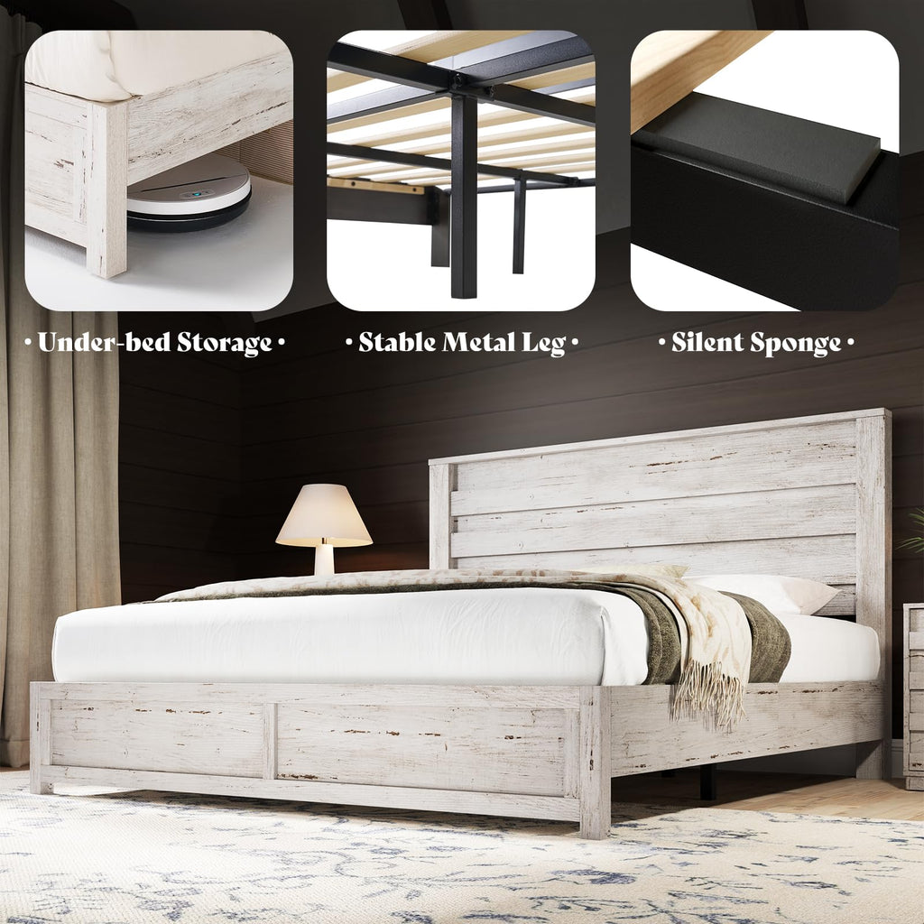AMERLIFE Farmhouse Full Size Bed Frame with 49" Fluted Headboard, Wood Platform Bed with Natural Grain, No Box Spring Needed/Noise Free, Black