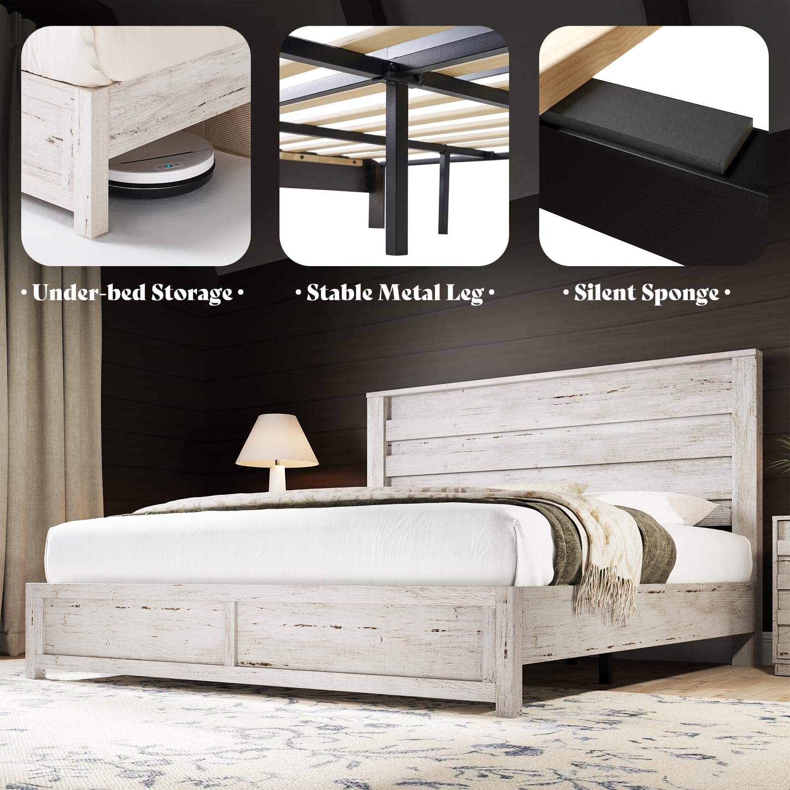AMERLIFE Farmhouse Full Size Bed Frame with 49" Fluted Headboard, Wood Platform Bed with Natural Grain, No Box Spring Needed/Noise Free, Black