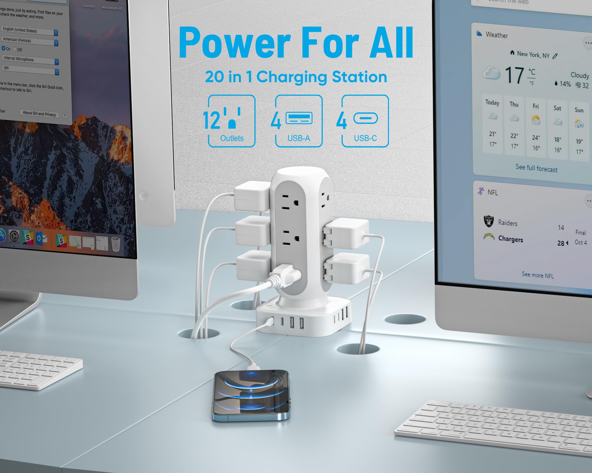 Flat Plug Power Strip Tower, TenTrend Dual PD 20W USB-C Charger Tower with 12 AC Outlets & 8 USB Ports (4 USB C), 40W Total Fast Charging Station, 10FT Extension Cord for Desk Office Dorm Room