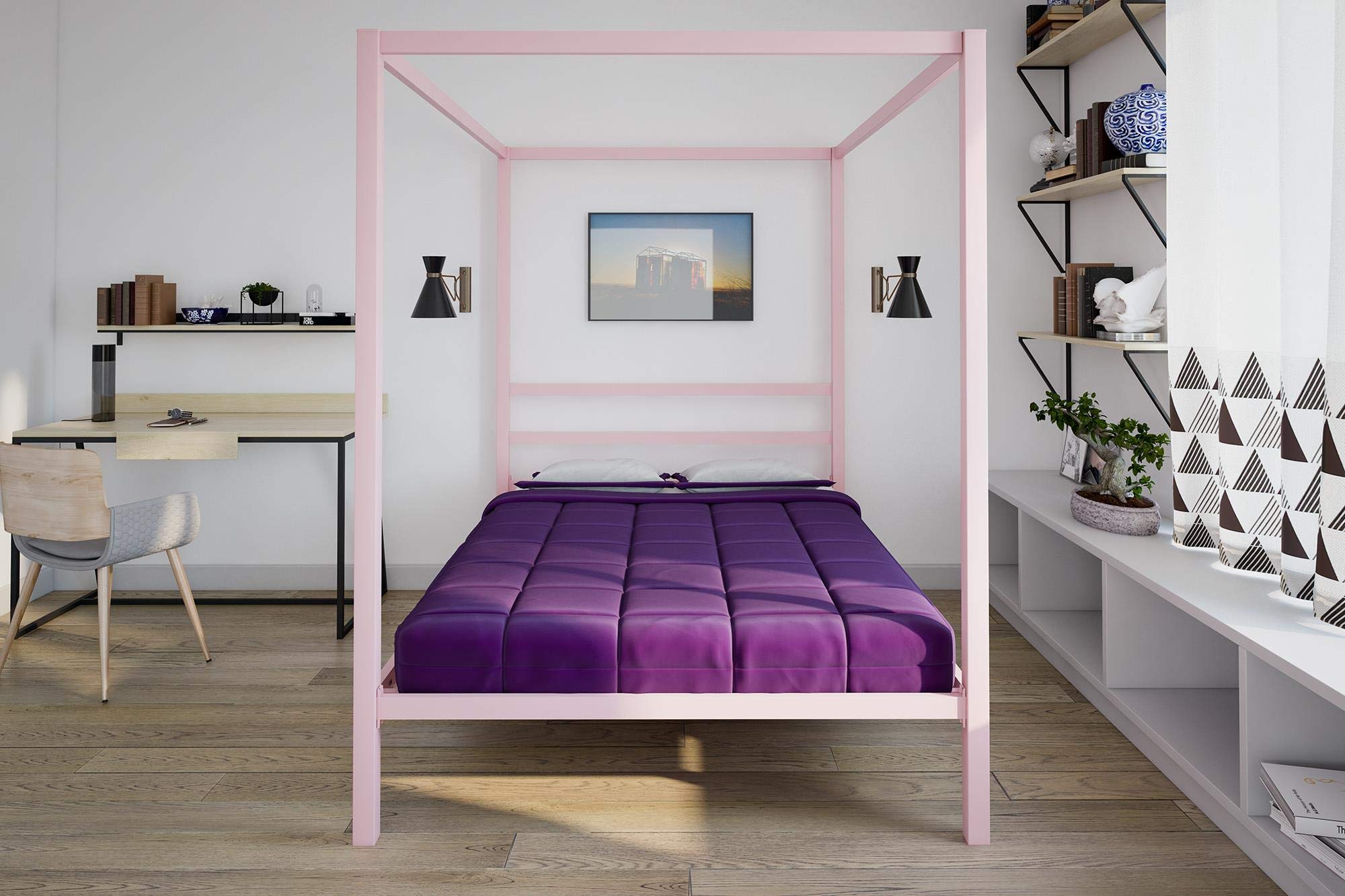 DHP King Metal Canopy Bed, Modern Design with Built-In Headboard, Sturdy Frame, No Box Spring Needed, Gunmetal Gray