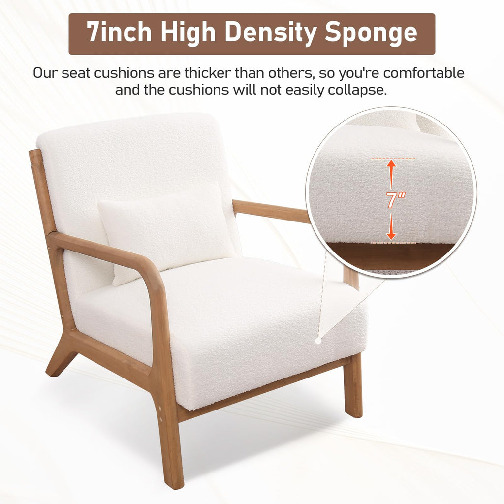ANJ Mid Century Modern Accent Chair, Comfy Fabric Living Room Chairs with Solid Wood Frame, Lounge Reading Armchair, Easy Assembly, Beige