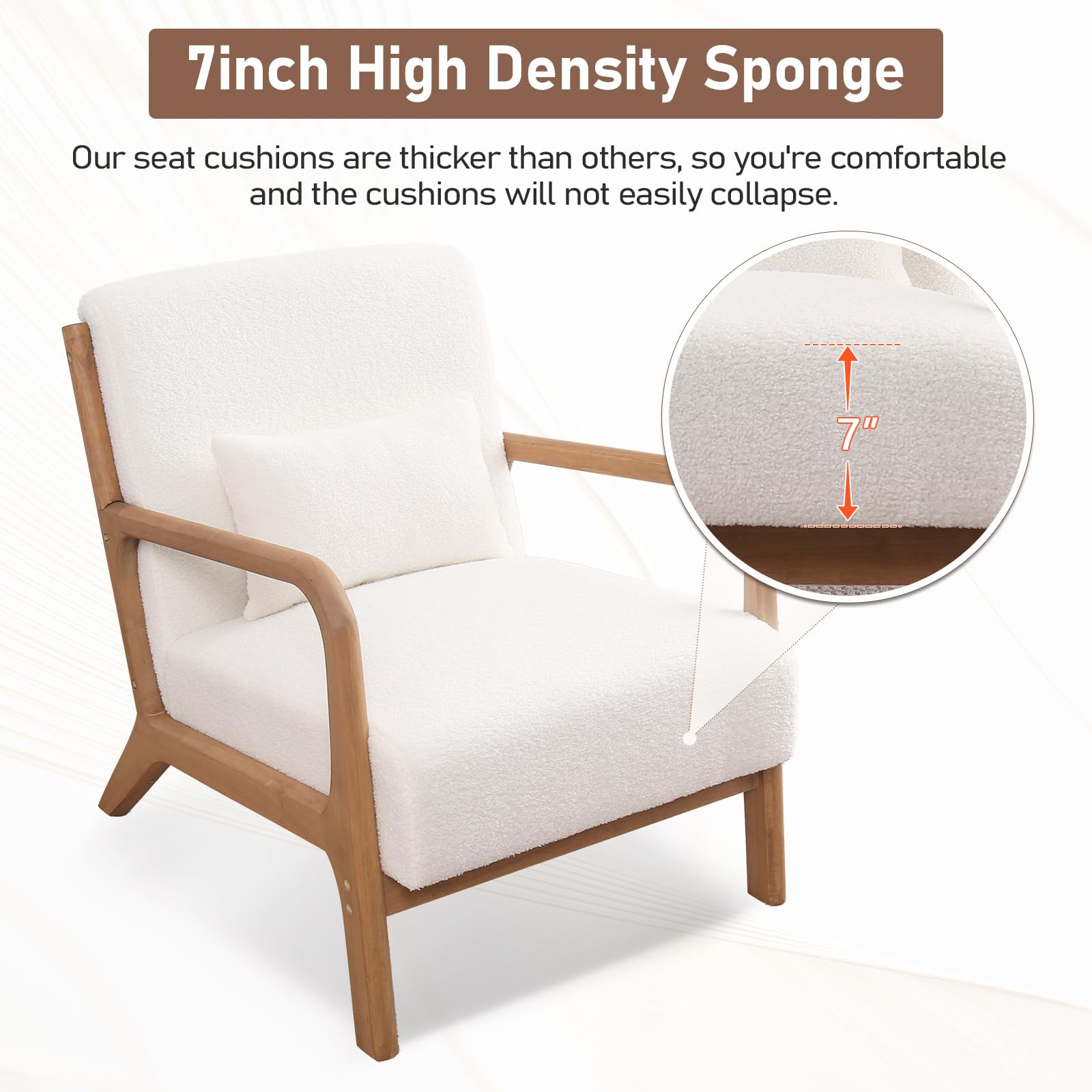 ANJ Mid Century Modern Accent Chair, Comfy Fabric Living Room Chairs with Solid Wood Frame, Lounge Reading Armchair, Easy Assembly, Beige
