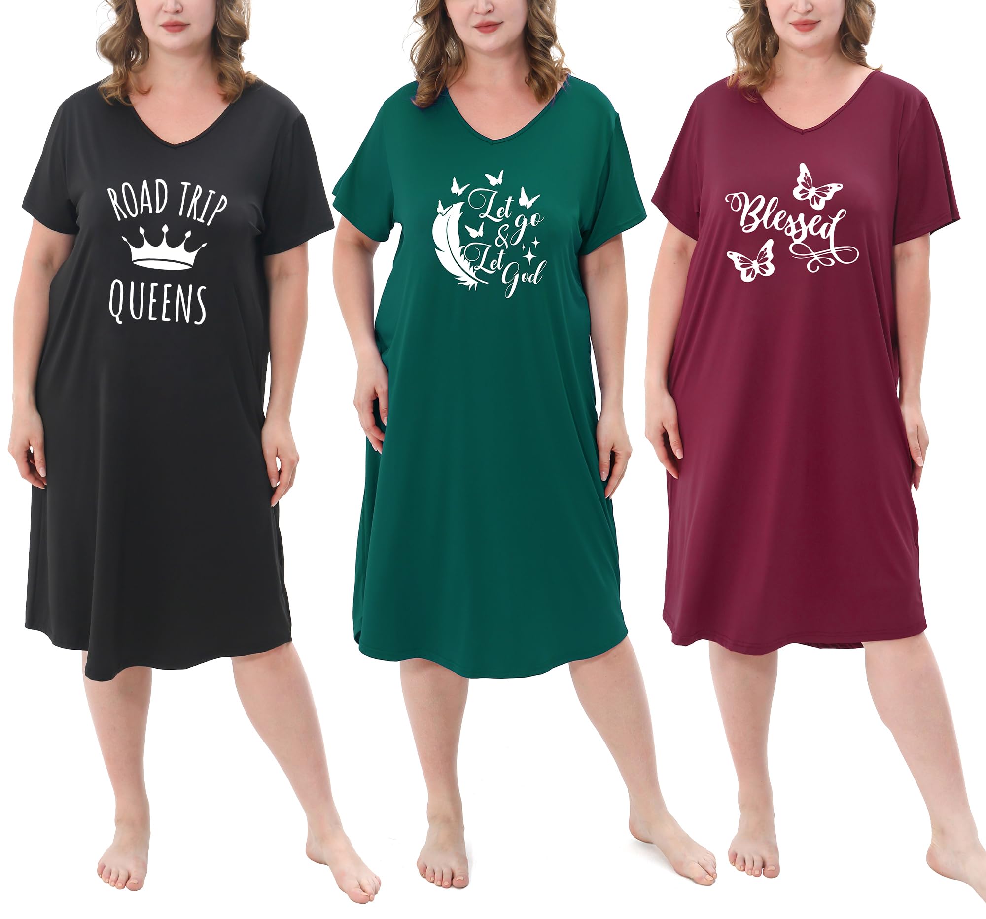 3 Pack Plus Size Women's Nightgown Soft Print Nightshirts for Women Short Sleeve Sleepwear