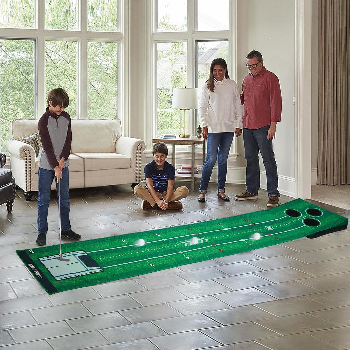 New Portable Golf Putting Mat, Mini Golf - Putting Green Indoor + Putting Green Outdoor - Putting Mat with 3 Balls + Retractable Push Rod (Youth) - Putting Matt for Indoors, Golf Gifts for Men Kids
