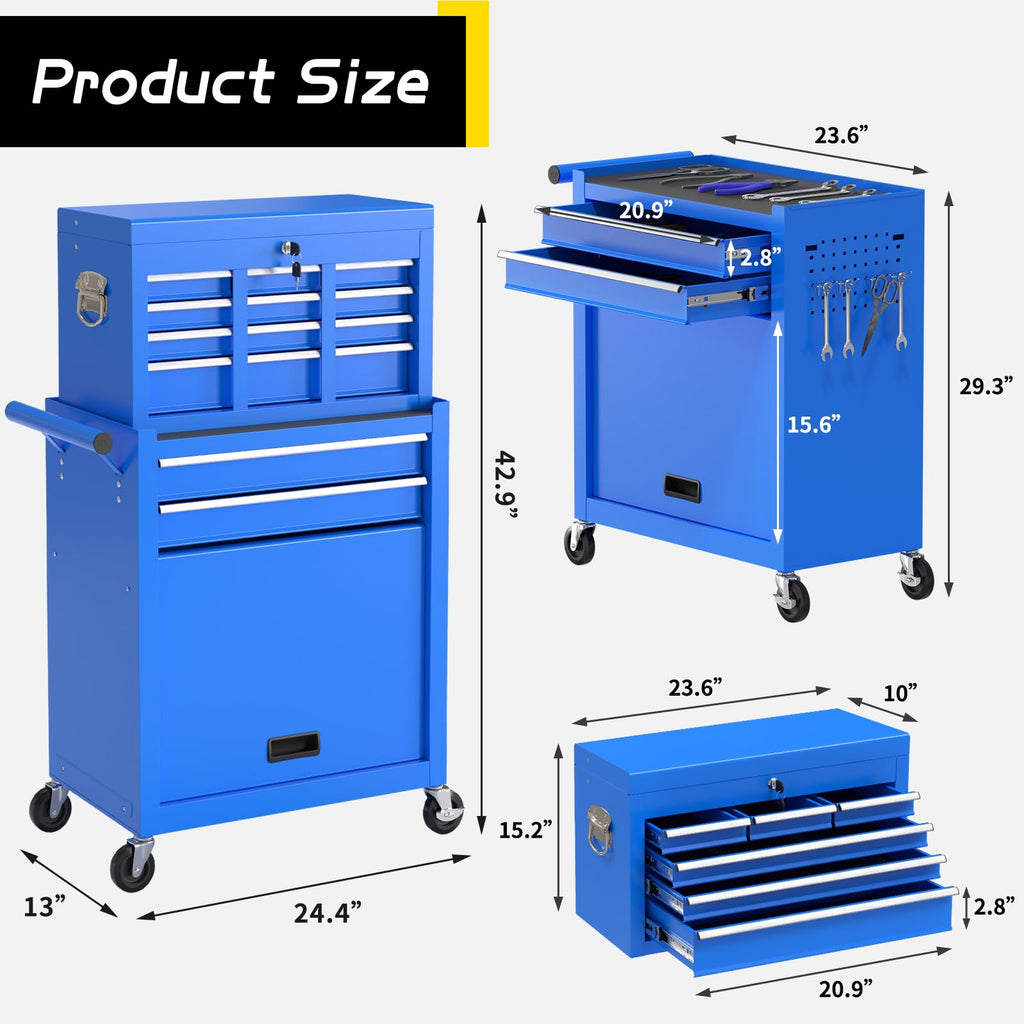 On Shine 8 Drawer Rolling Tool Chest, Large Capacity Rolling Tool Box with Wheels, Locking Mechanical Tool Chest, Portable Tool Box with Sliding Drawers for Garage Workshop and Tool Room (Black)