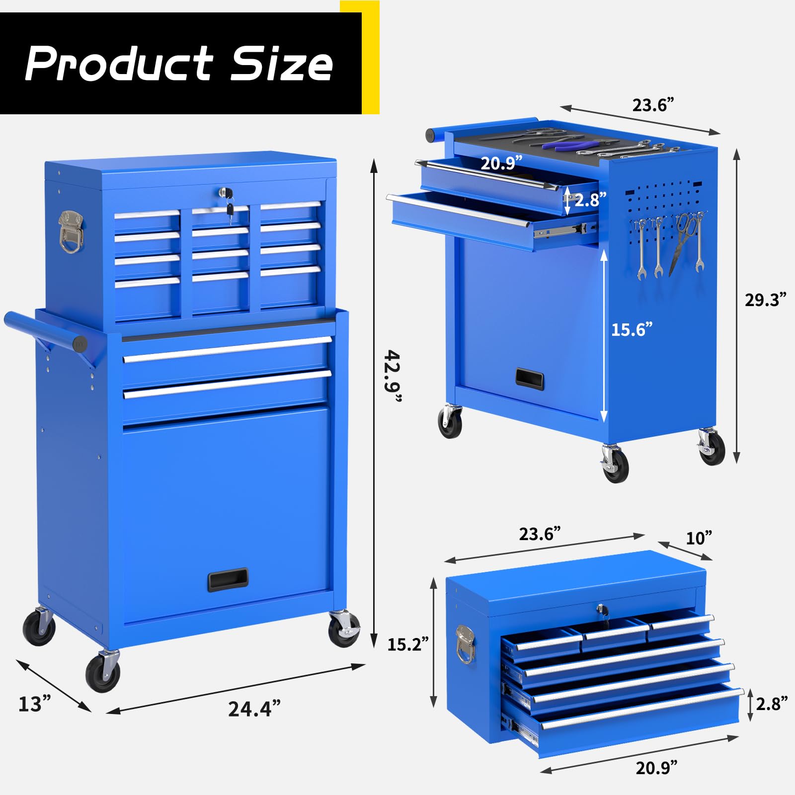 On Shine 8 Drawer Rolling Tool Chest, Large Capacity Rolling Tool Box with Wheels, Locking Mechanical Tool Chest, Portable Tool Box with Sliding Drawers for Garage Workshop and Tool Room (Black)