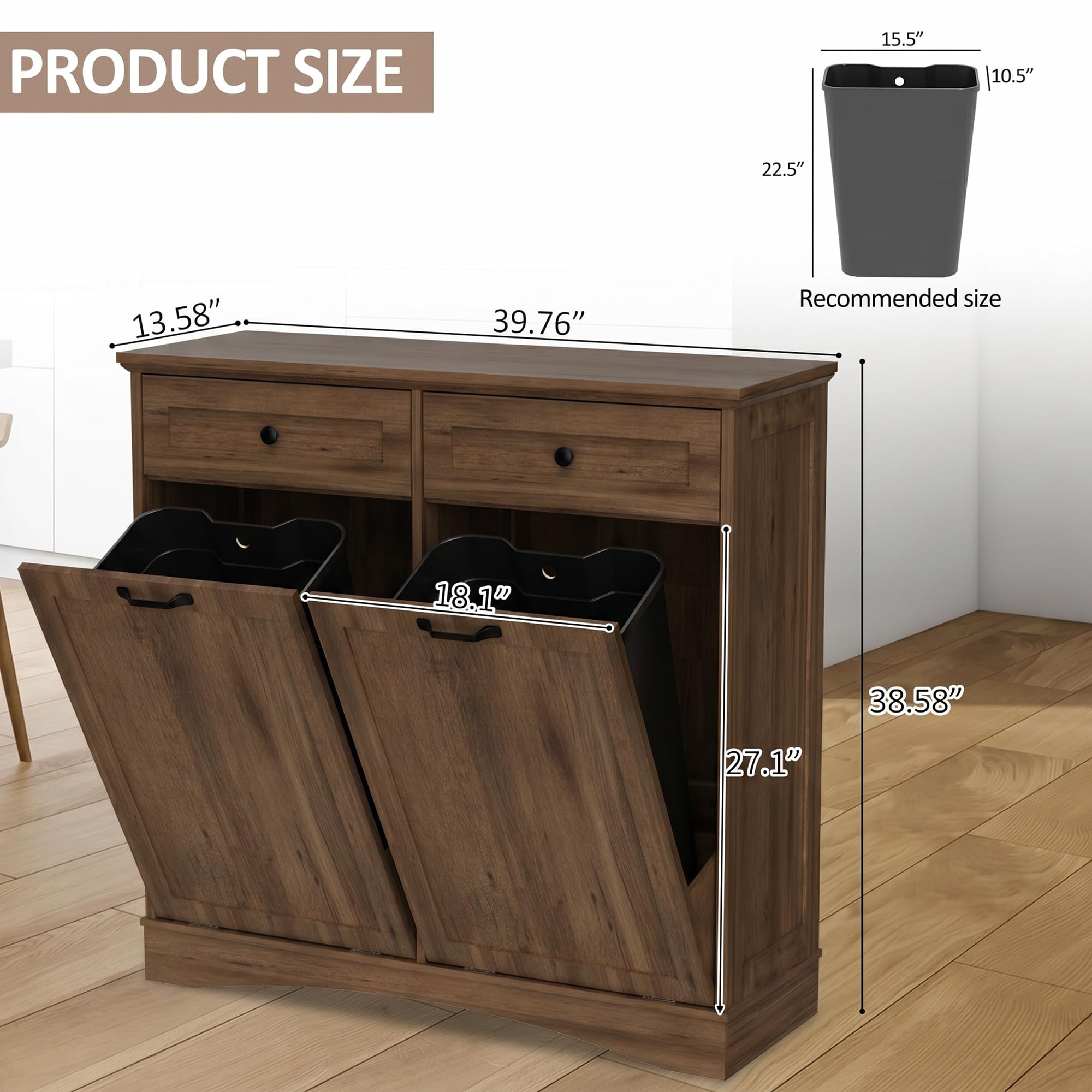 AHB Double Tilt Out Trash Can Cabinet Freestanding Kitchen Trash Can, 2x13 Gallons Hidden Garbage Recycling Cabinet with Hideaway Drawers Pet Proof Trash Can Holder for Kitchen, Antique White