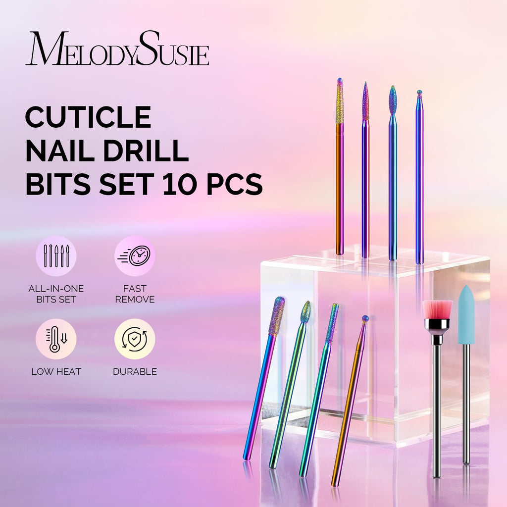 MelodySusie 10pcs Nail Drill Bits Set, 3/32 Inch Diamond Cuticle Bits for Nail Drill E-File, Manicure Pedicure Remover Tools for Acrylic Gel Nails, Salon Home Use Nail Care Supplies, Rainbow