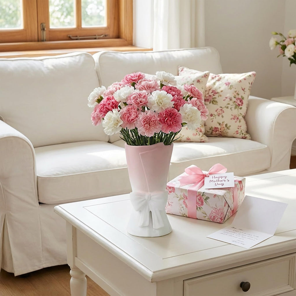 Relexome Beige Ceramic Bow Vase 9.64 in Unique Cute Modern Decorative Bouquet Flower Vases for Home Living Room Table Decor Women Girl Gifts