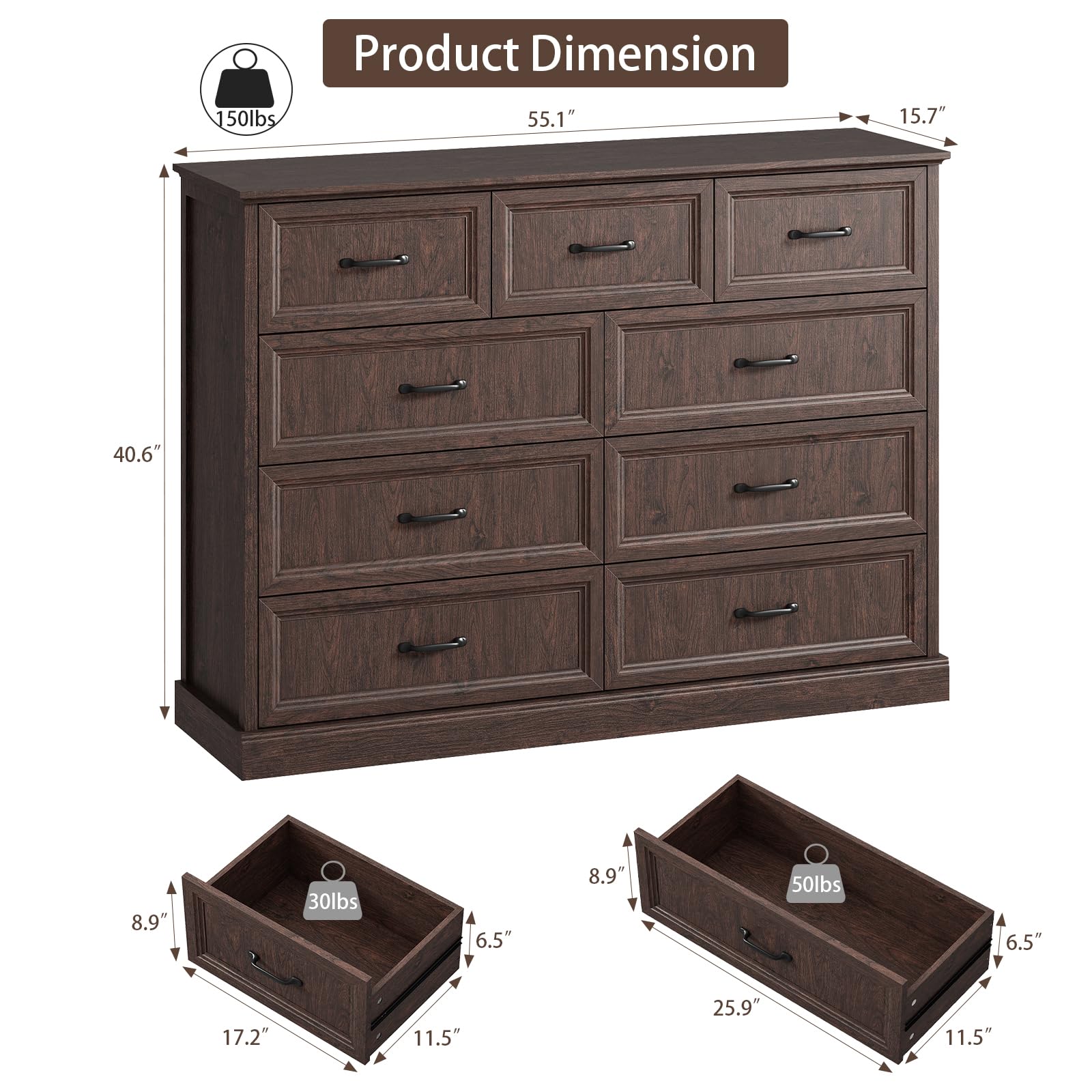 Farmhouse 5 Drawers Dresser for Bedroom, 44" Tall Brown dresser Wood Rustic Chest of Drawers with Wide Metal Handle,Natural Texture,Drawer Organizer for Bedroom,Living Room,Hallway and Entryway