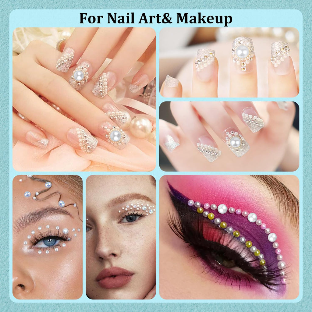 BELLEBOOST 5600pcs ABS Round Flat Back Beige Pearls Kit with Pickup Tools for Nail Art, Face, Body Decorations